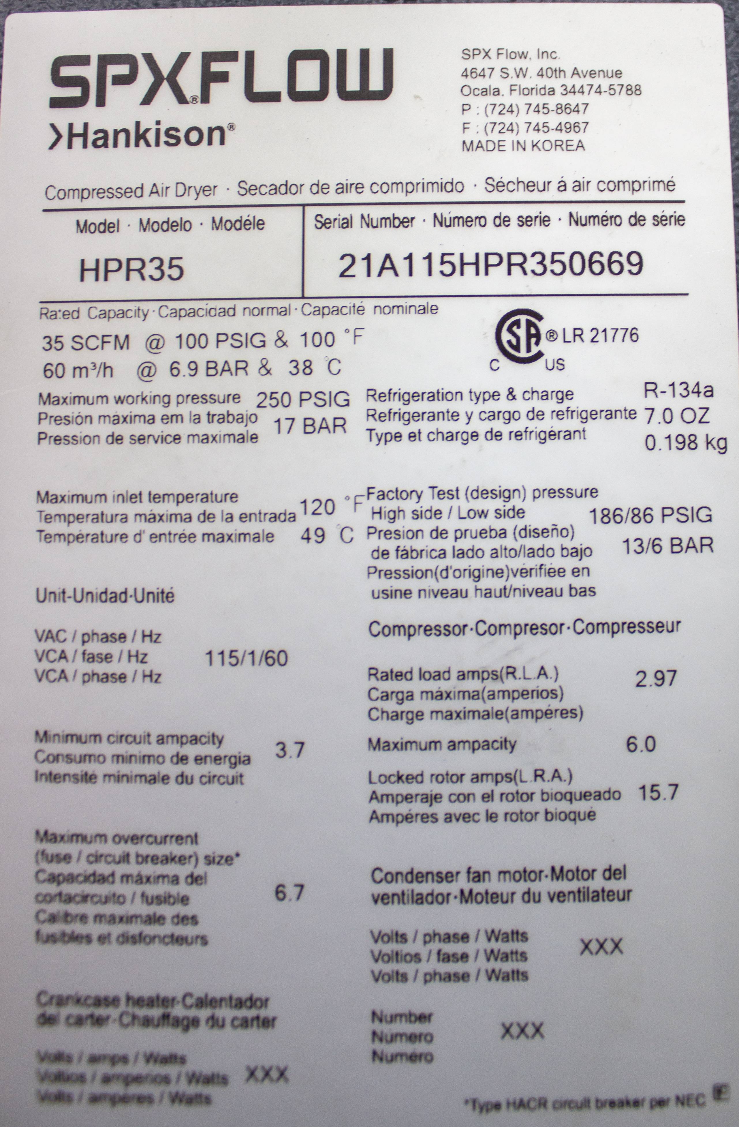 Hankison HPR35 Air Dryer Non-Cycling 35 CFM 120V Includes Tank Installed