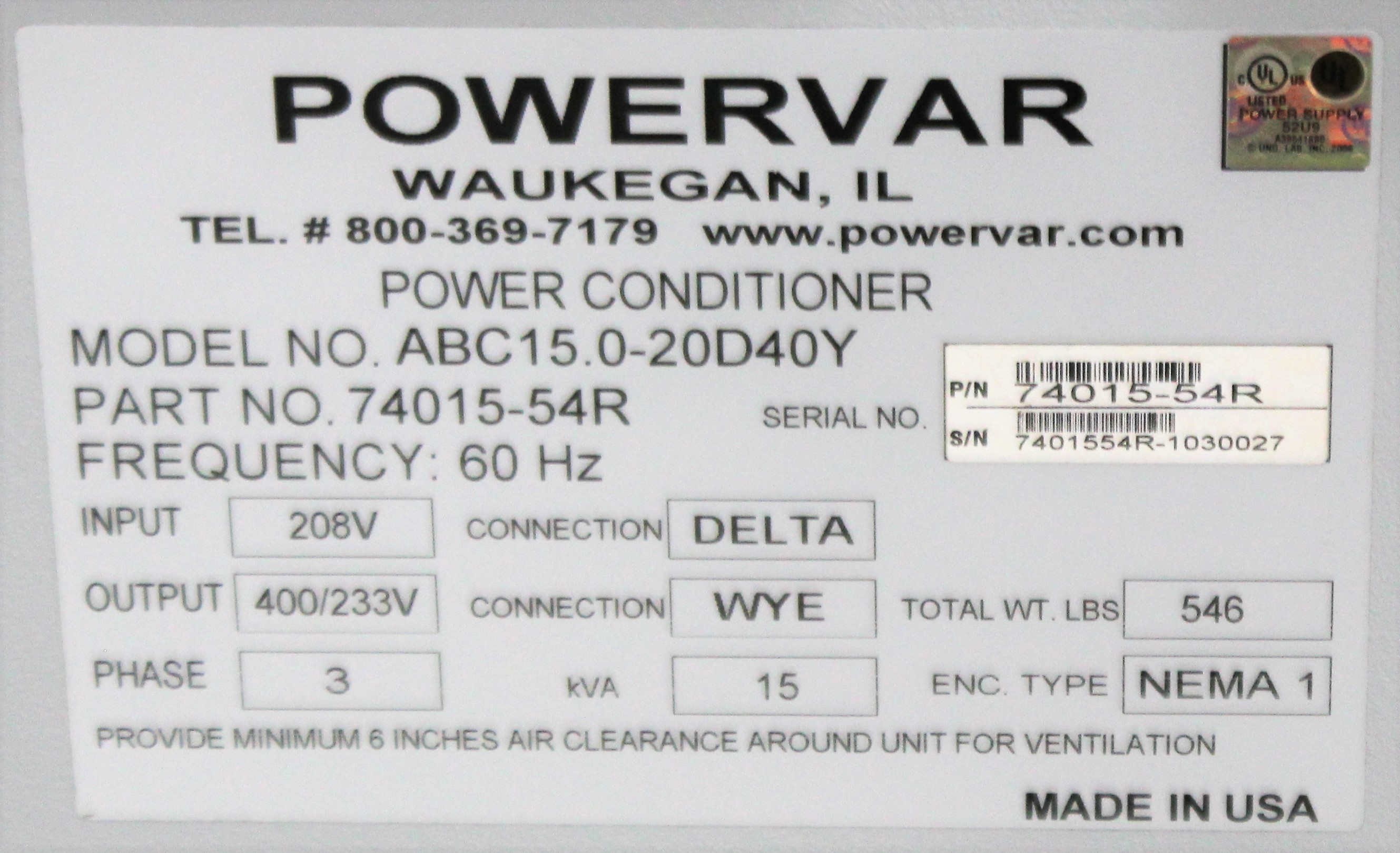 Powervar ABC15.0-20D40Y Power Conditioner 15kVA 3-Phase 220V Used
