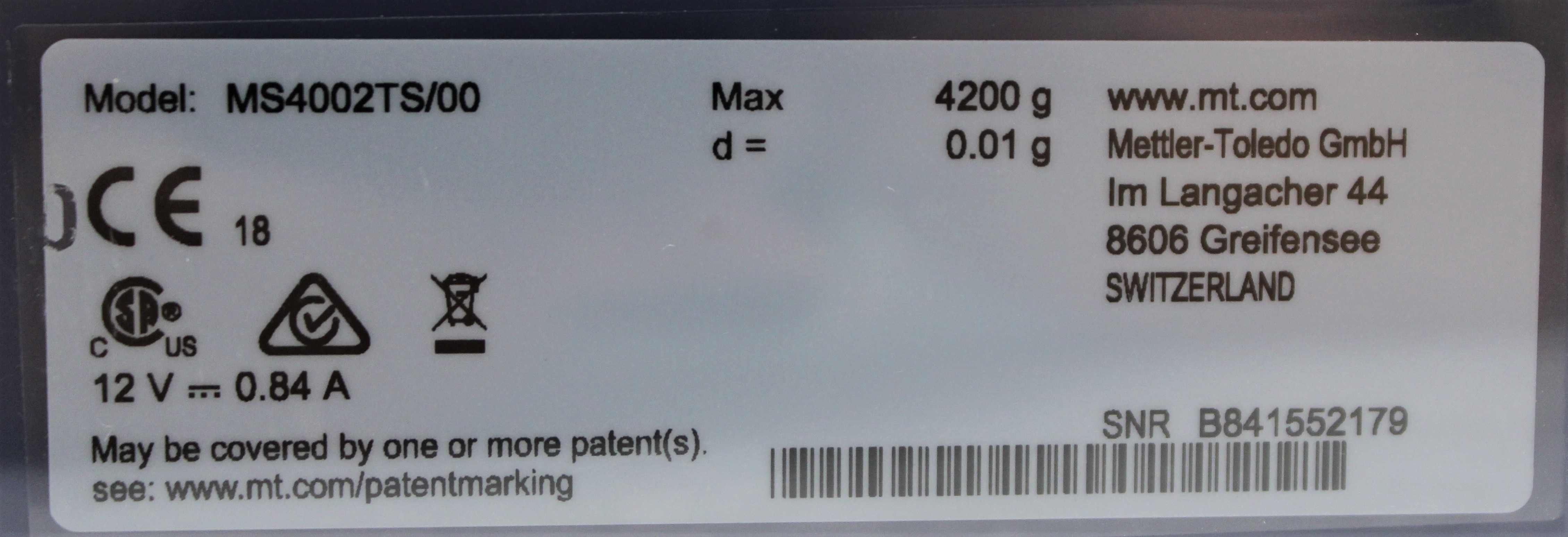 Mettler-Toledo MS4002TS/00 Precision Balance 4.2kg Capacity Touchscreen