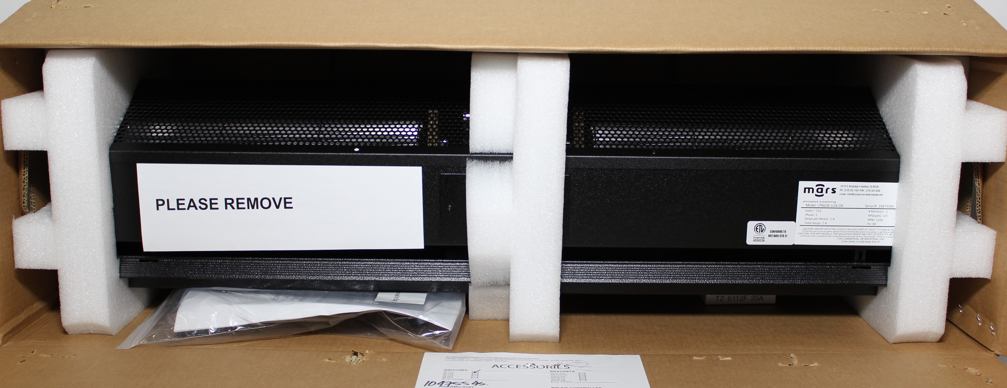 Mars LPN236-1UA-OB Air Curtain Unheated for Sanitation 7' Max Height 1/6HP