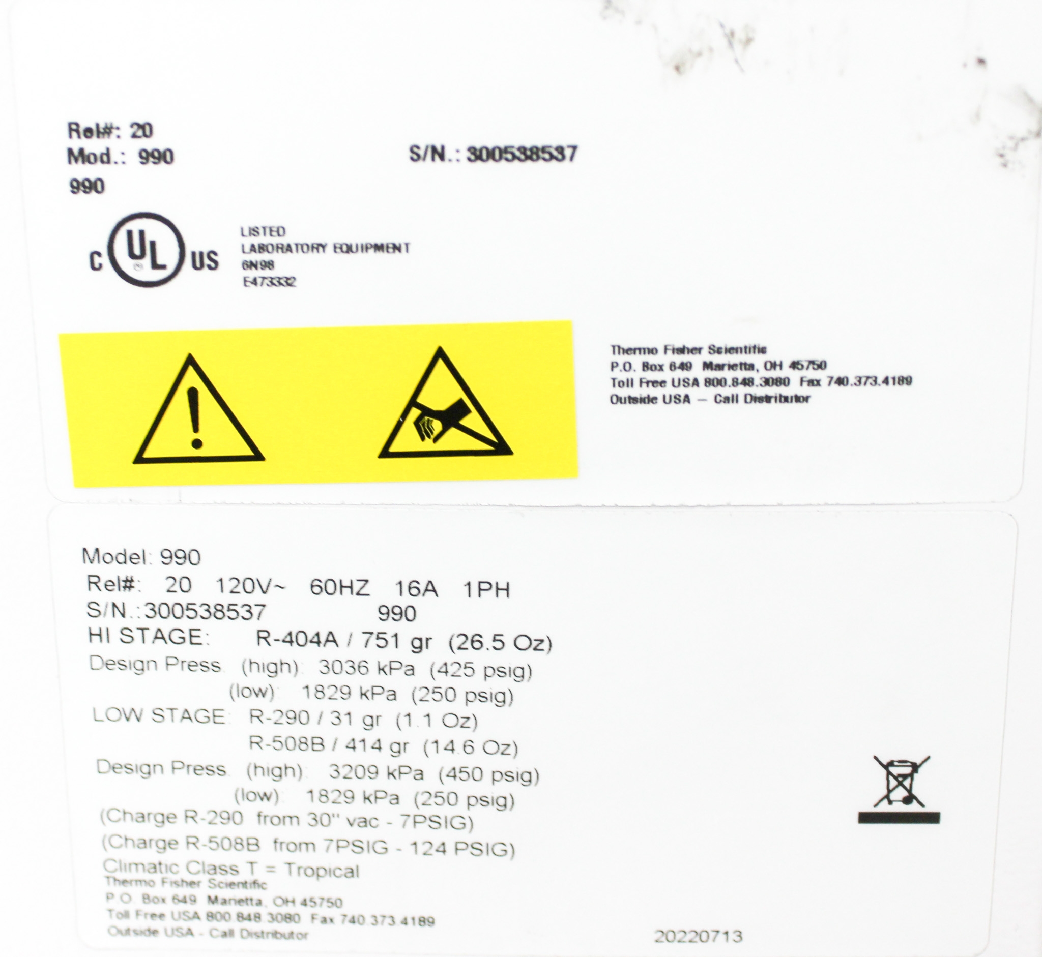 Thermo Scientific 990 Ultra-Low Temp Freezer 23 cu ft -50C to -86C
