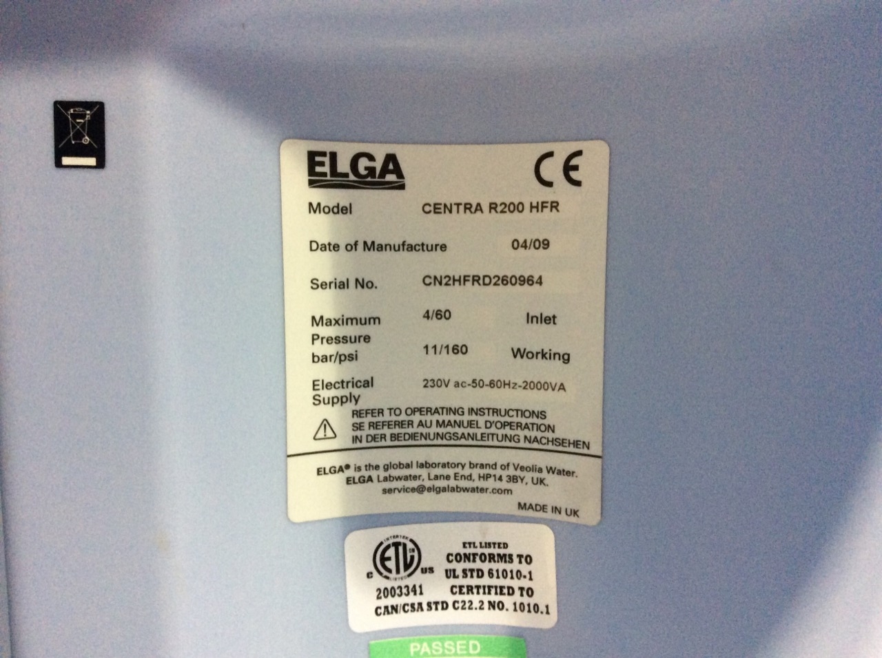 Elga Centra R200 HFR Water Purification System for Lab Applications