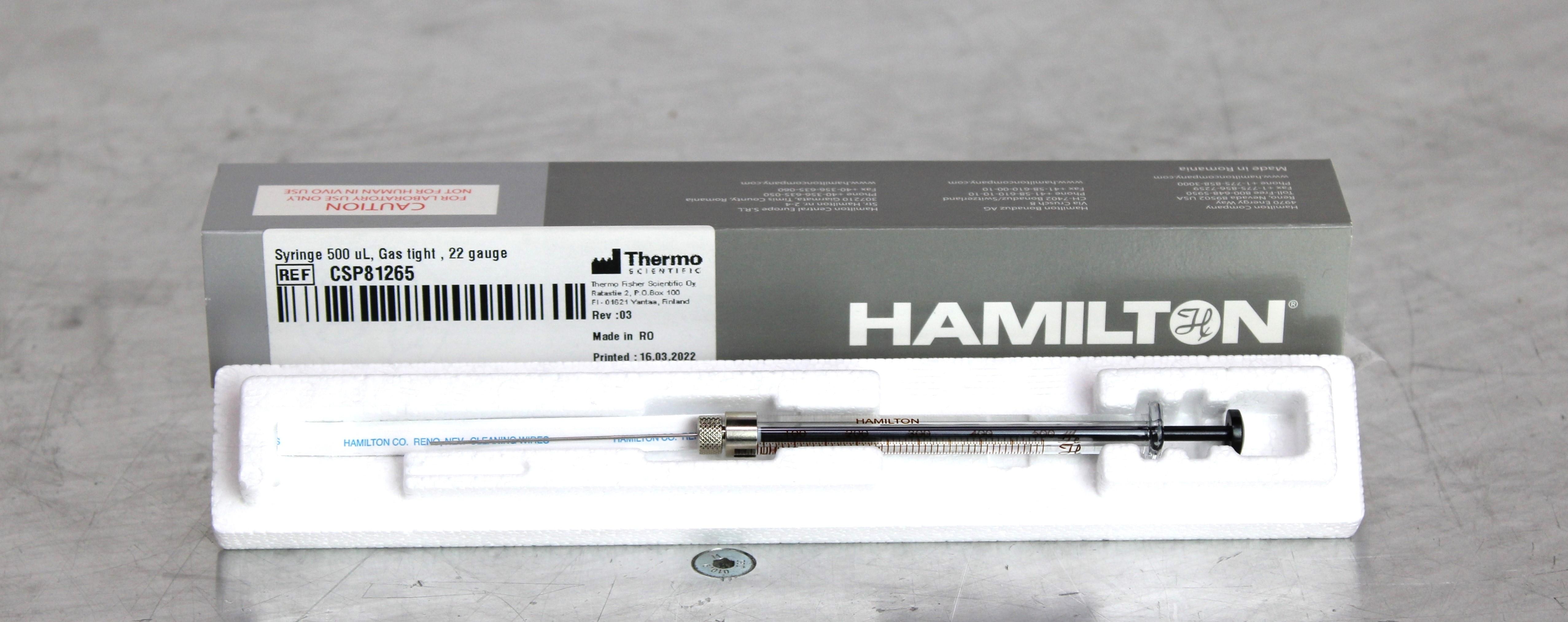 Hamilton Gastight Syringe Model 1750 RN 500uL 22 Gauge Lab Use