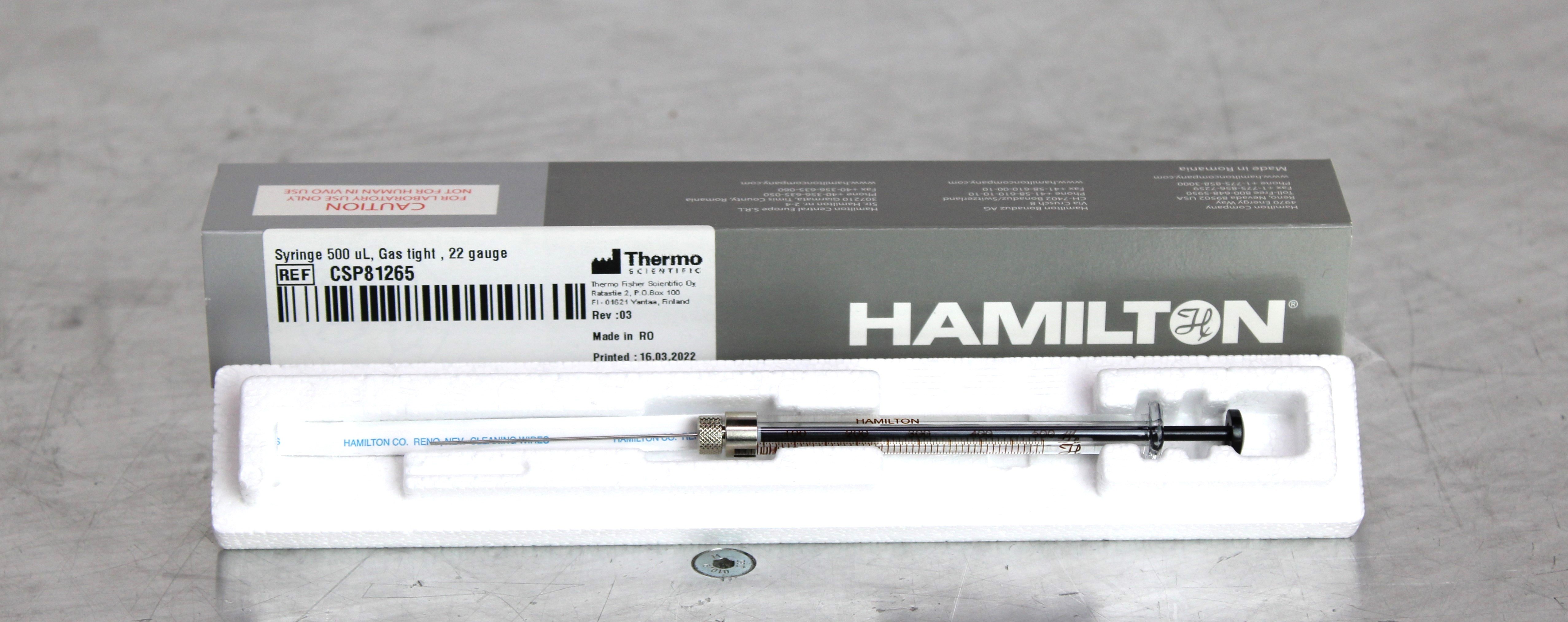 Hamilton 500uL Gastight Syringe 1750 RN 22 Gauge Autoclavable 700PSI PTFE