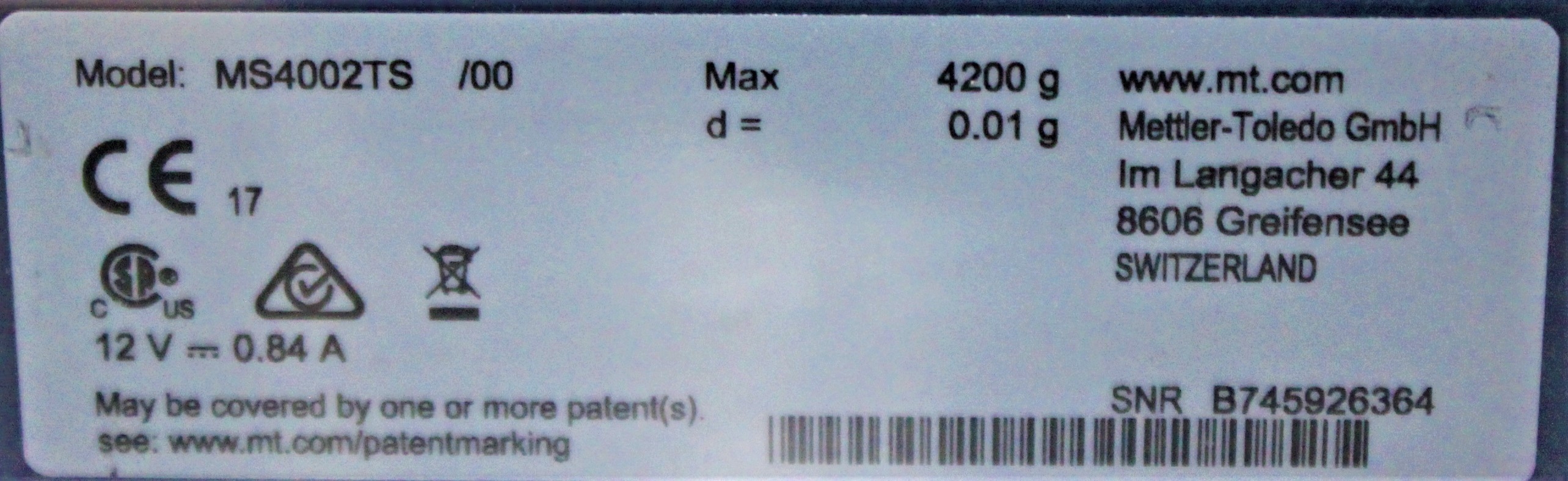 Mettler-Toledo MS4002TS Analytical Precision Balance 4200g 0.01g Readability