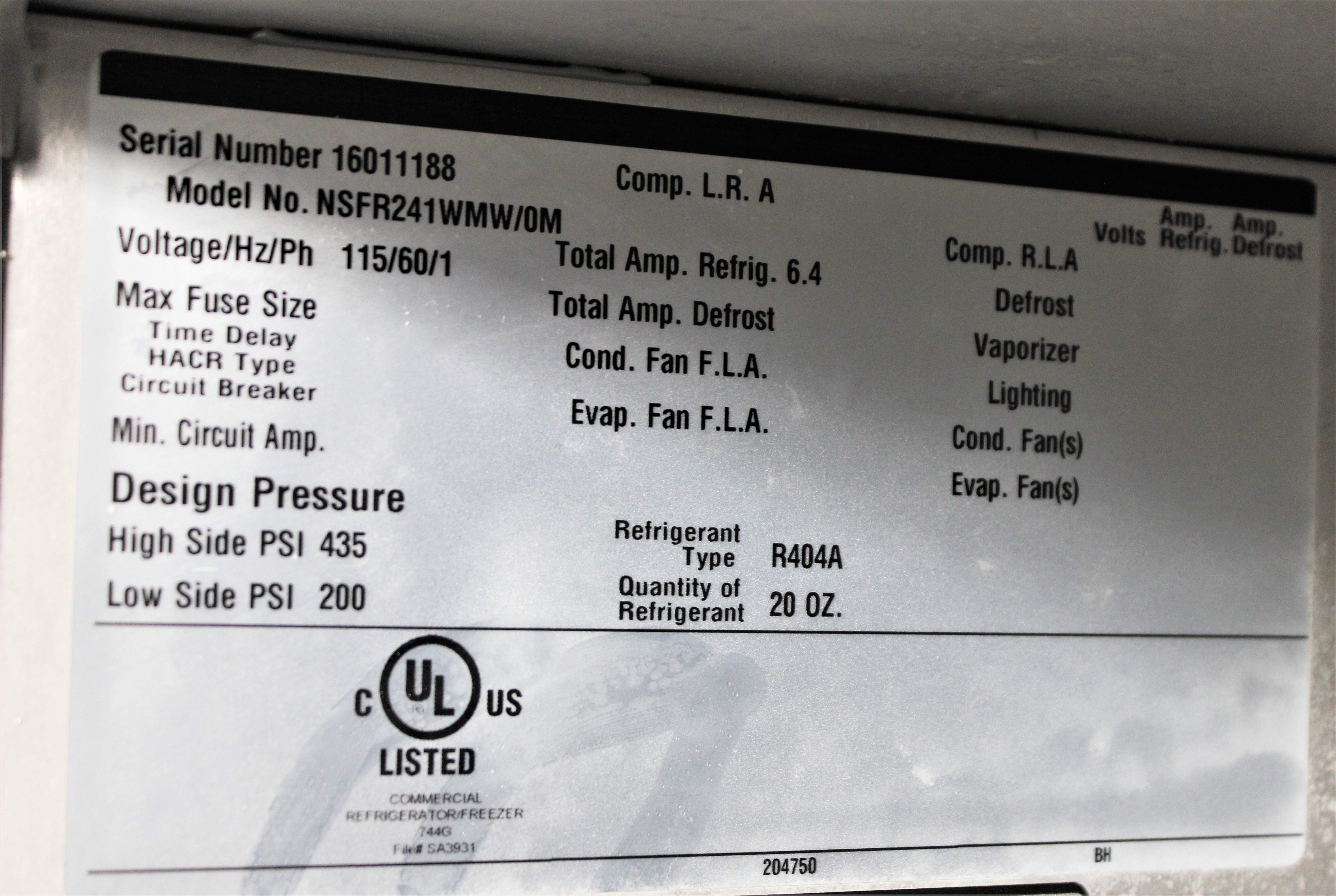 NORLAKE NSFR241WMW/0M Refrigerator Cold Storage 24 cu ft Capacity 35.6-50F