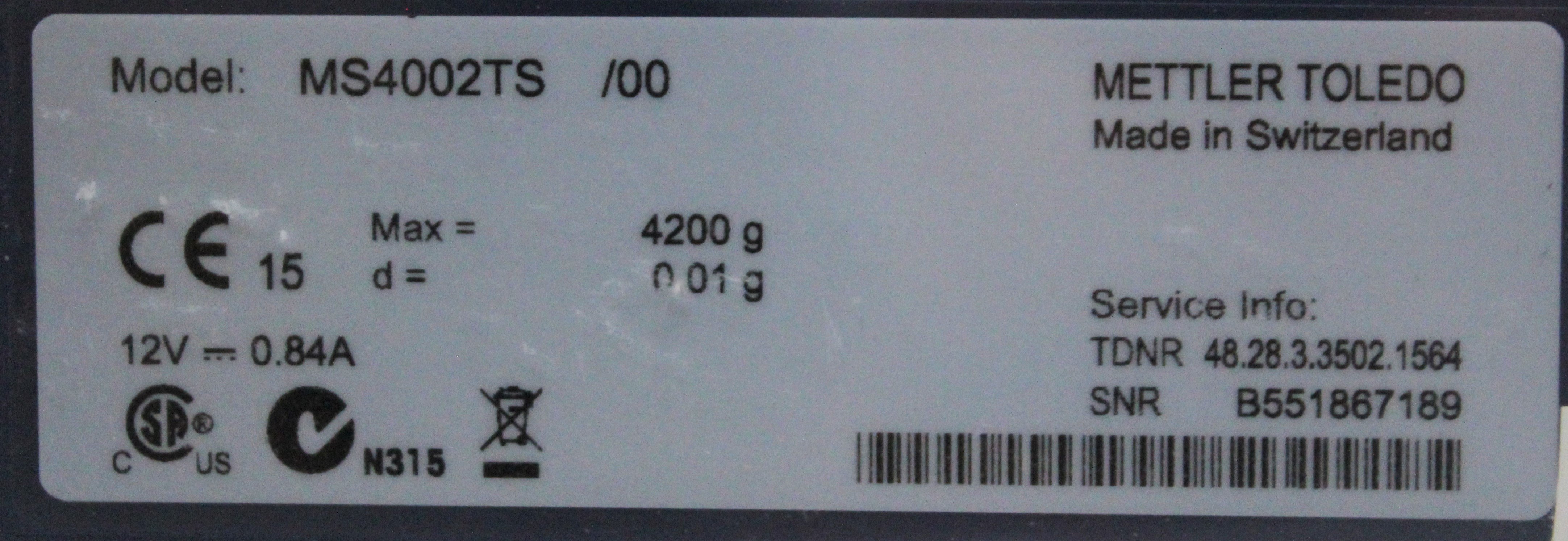 Mettler-Toledo MS4002TS Precision Balance Turnkey 4200g Capacity, Includes Display