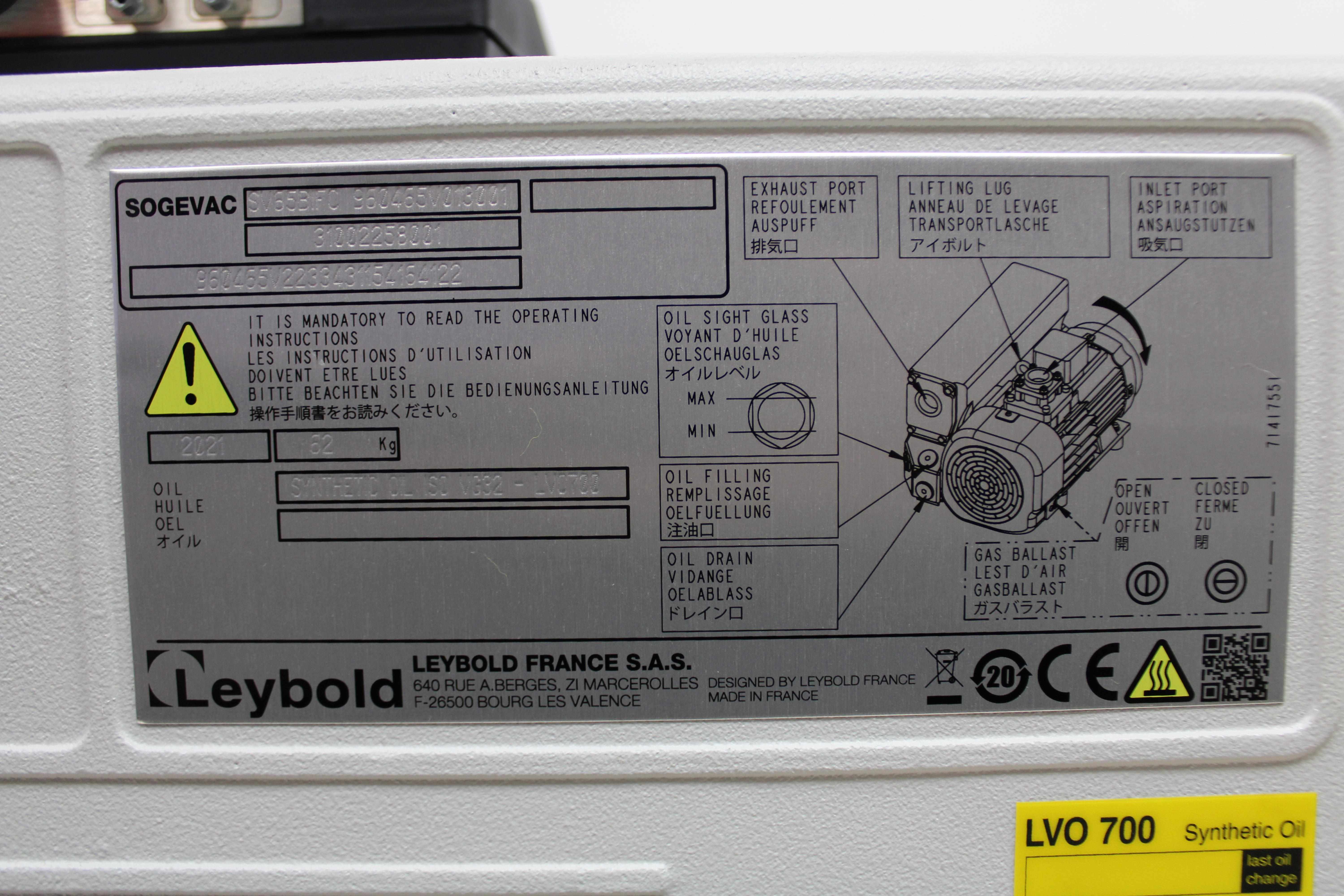 Leybold Sogevac SV65BIFC Vacuum Pump Compact Design Low Noise Operation