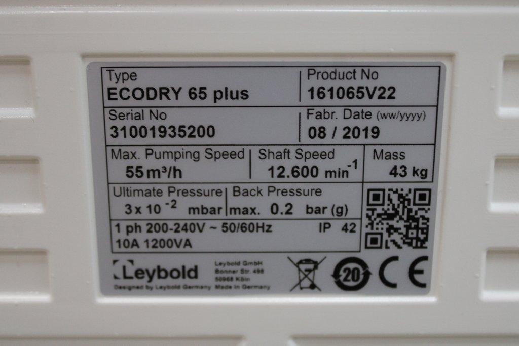 Leybold Ecodry 65 Plus Pump Vacuum 240V Noise Reduction Oil-Free Used