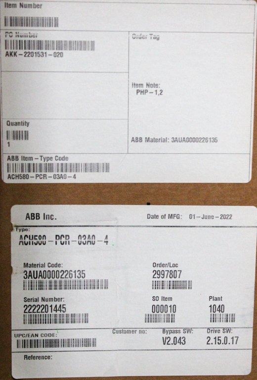 ABB ACH580-PCR-03A0-4 Controller Facility Equipment 400/460V 50/60Hz