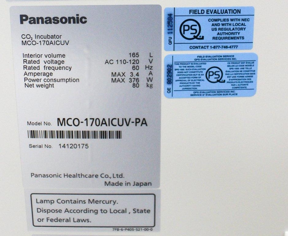 Panasonic MCO-170AICUV-PA CO2 Incubator 5.8 cu.ft. Humidity Control LCD Display