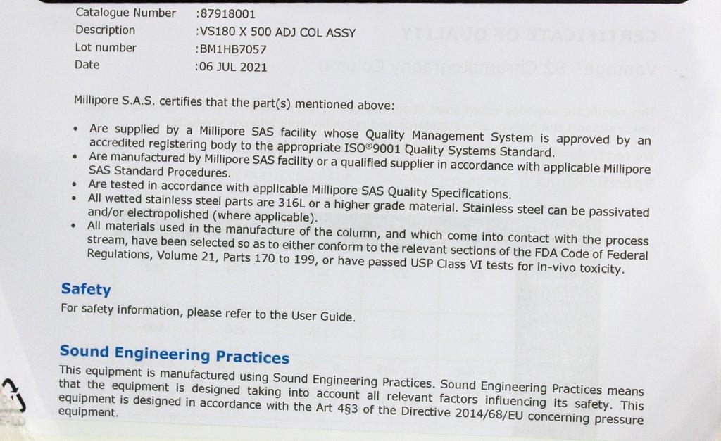 Millipore Vantage S2 Column Bioprocessing Chromatography With 12.3L Capacity