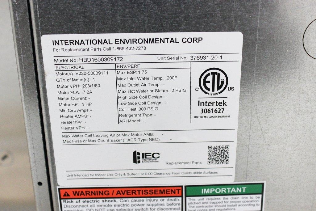 IEC HBD1600309172 Horizontal Fan Coil 600-4000 CFM Cooling/Heating