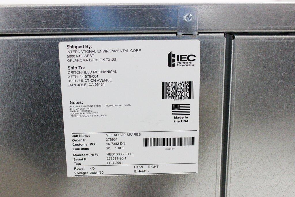 IEC HBD1600309172 Horizontal Fan Coil 600-4000 CFM Cooling/Heating