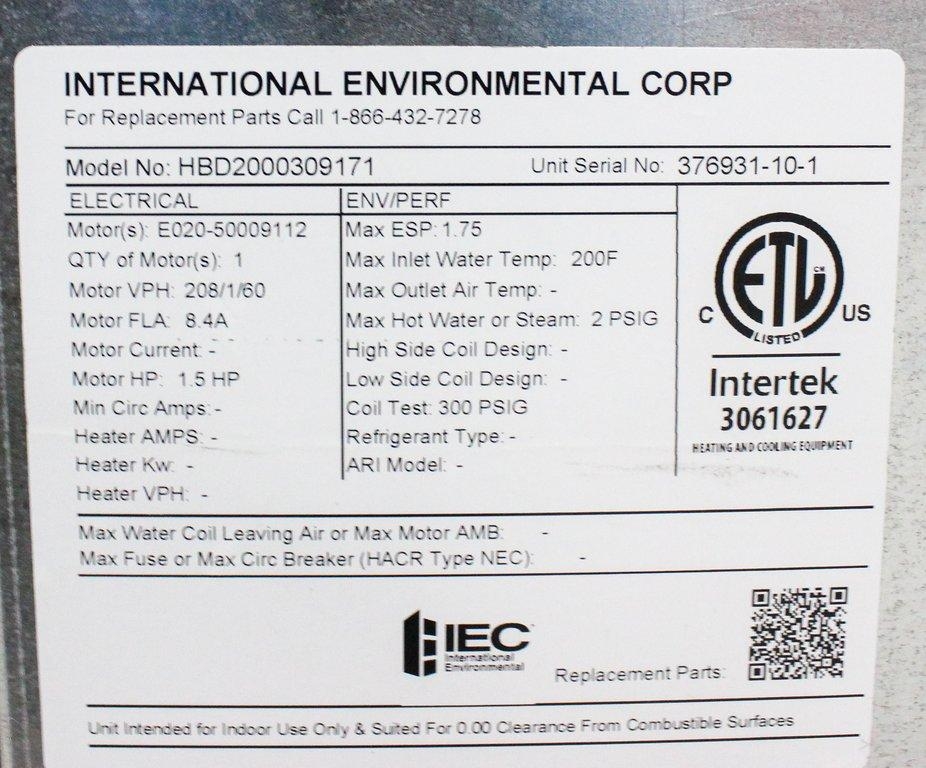 IEC HBD2000309171 Fan Facility Horizontal Belt Drive 600-4000 CFM Operation