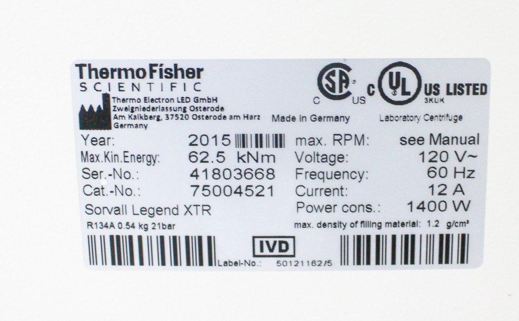 Thermo Sorvall Legend XTR Centrifuge 75004521 - Refrigerated, 15,200 RPM, -10°C