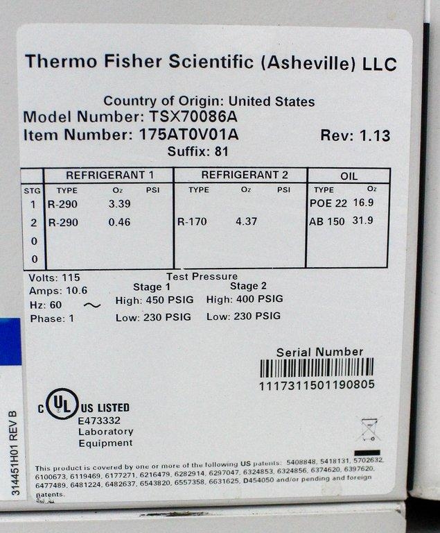 Thermo TSX70086A Ultra Low Temperature Freezer -86°C, 33.5cu ft Capacity