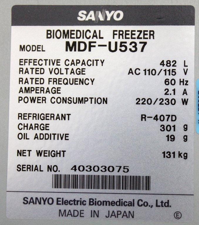 Sanyo MDF-U537 Biomedical Freezer -38C VG Condition, Functional