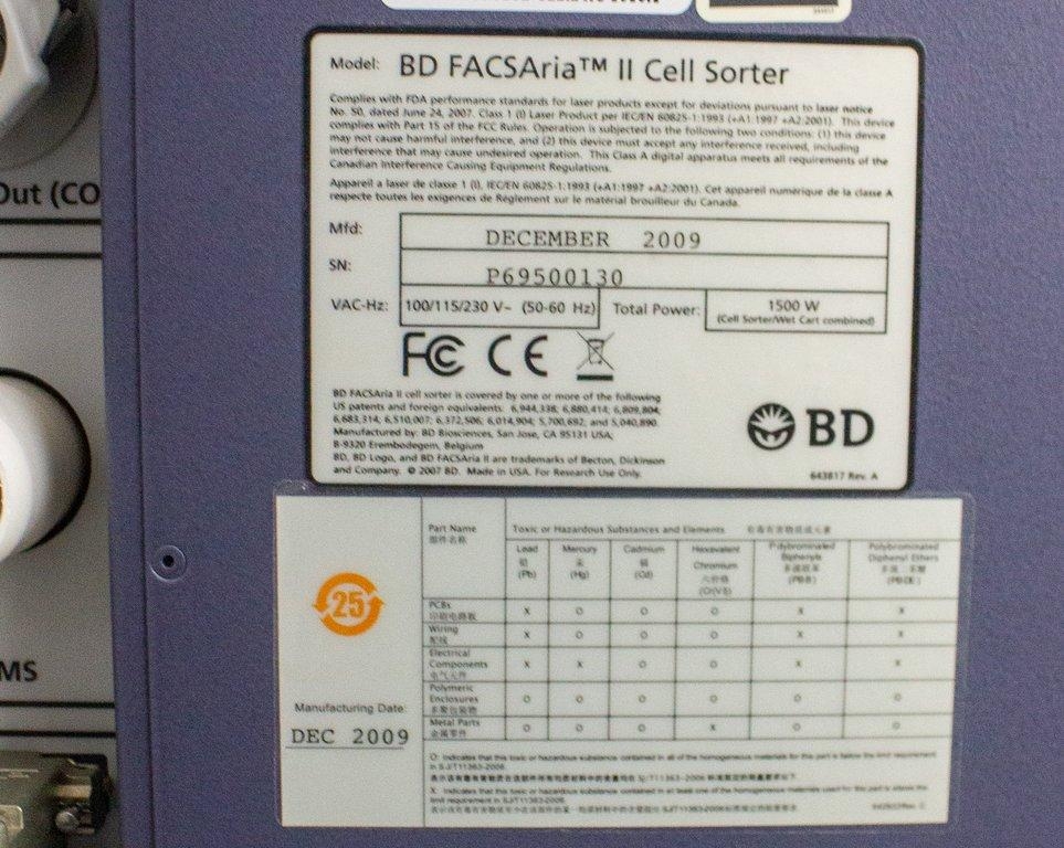 BD FACSAria II Cell Sorter Flow Cytometry System With Fluidics Cart 125 MESF