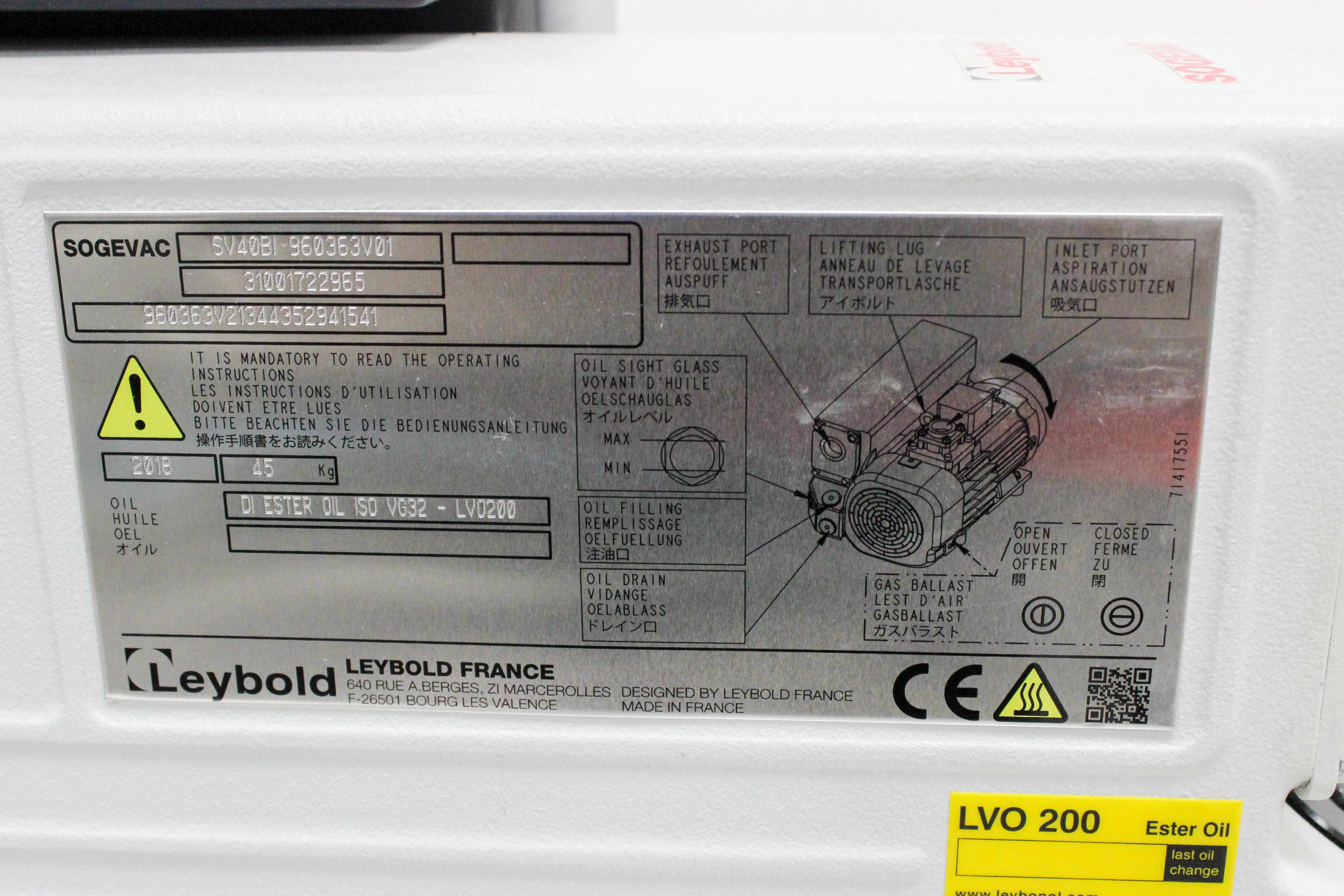 Leybold Sogevac SV40BI Vacuum Pump, Single-Stage Oil Rotary Vane, 220V
