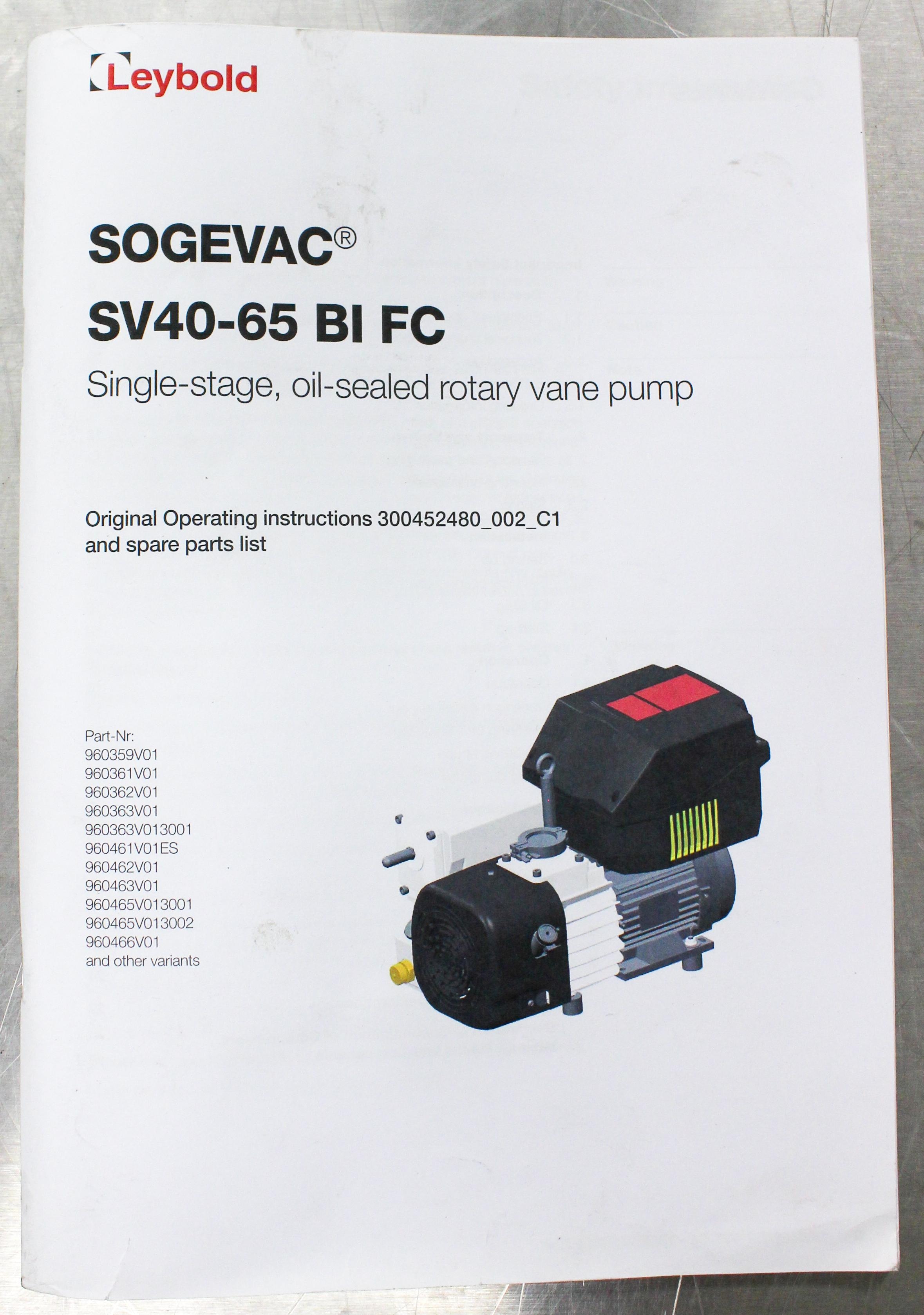 Leybold Sogevac SV40BI Vacuum Pump, Single-Stage Oil Rotary Vane, 220V