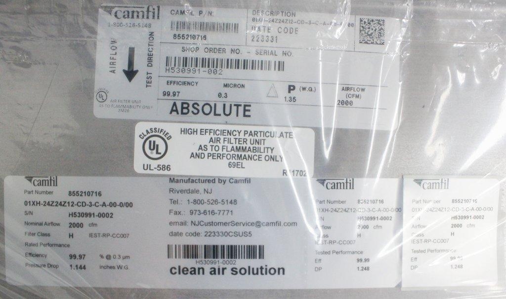 Camfil Absolute XH HEPA Filter High Efficiency 16-gauge Steel Frame HEPA