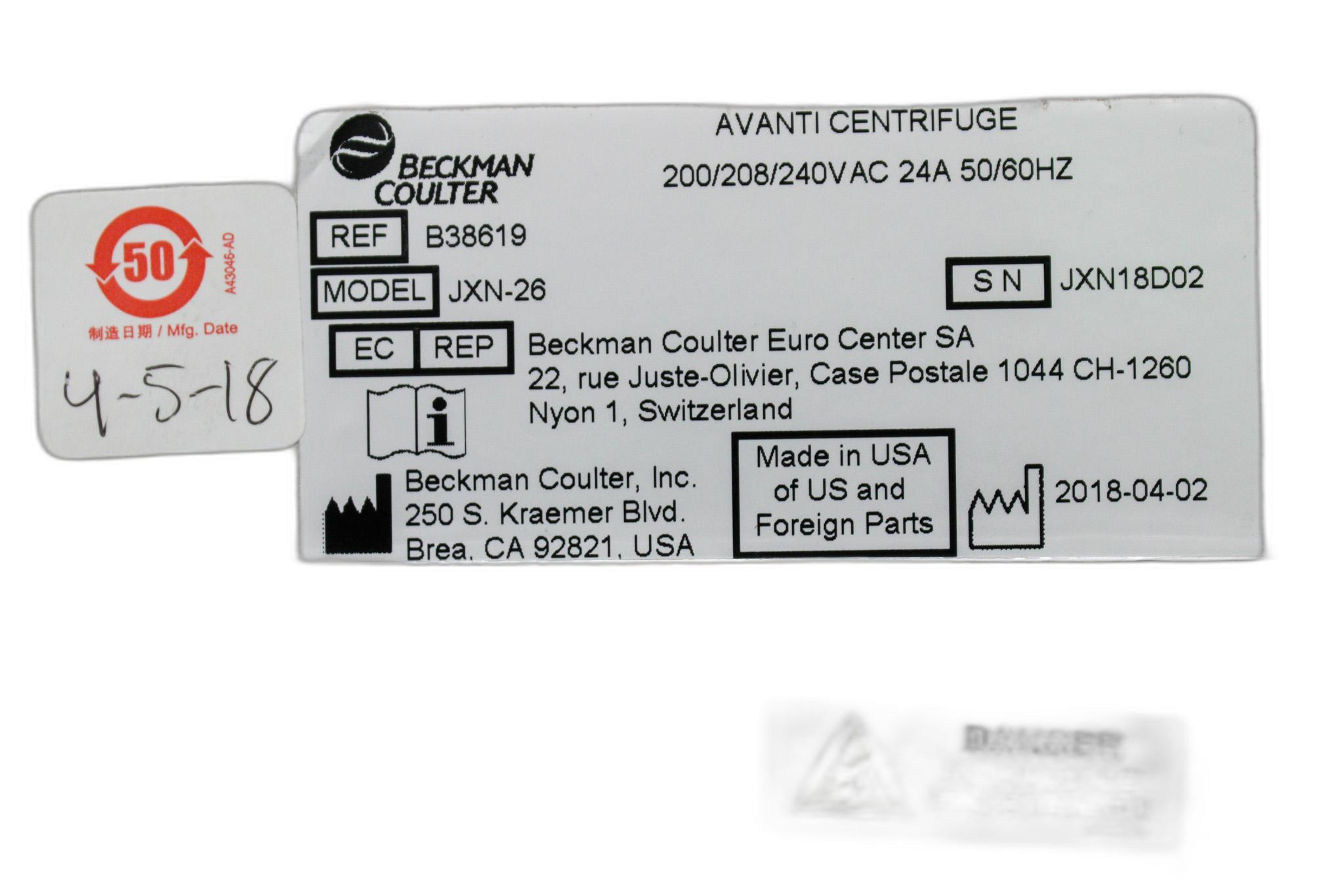 Beckman Coulter Avanti JXN-26 Centrifuge High-Speed Sample Processing