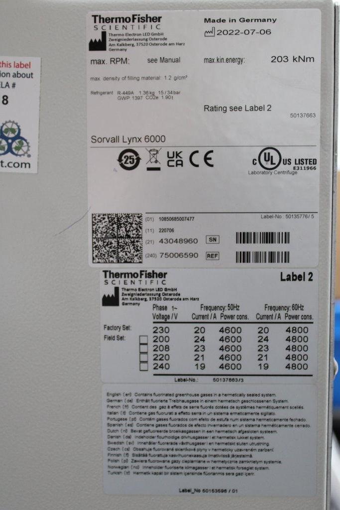 Thermo Sorvall Lynx 6000 Floor Centrifuge 60000 RPM Digital Controls Included