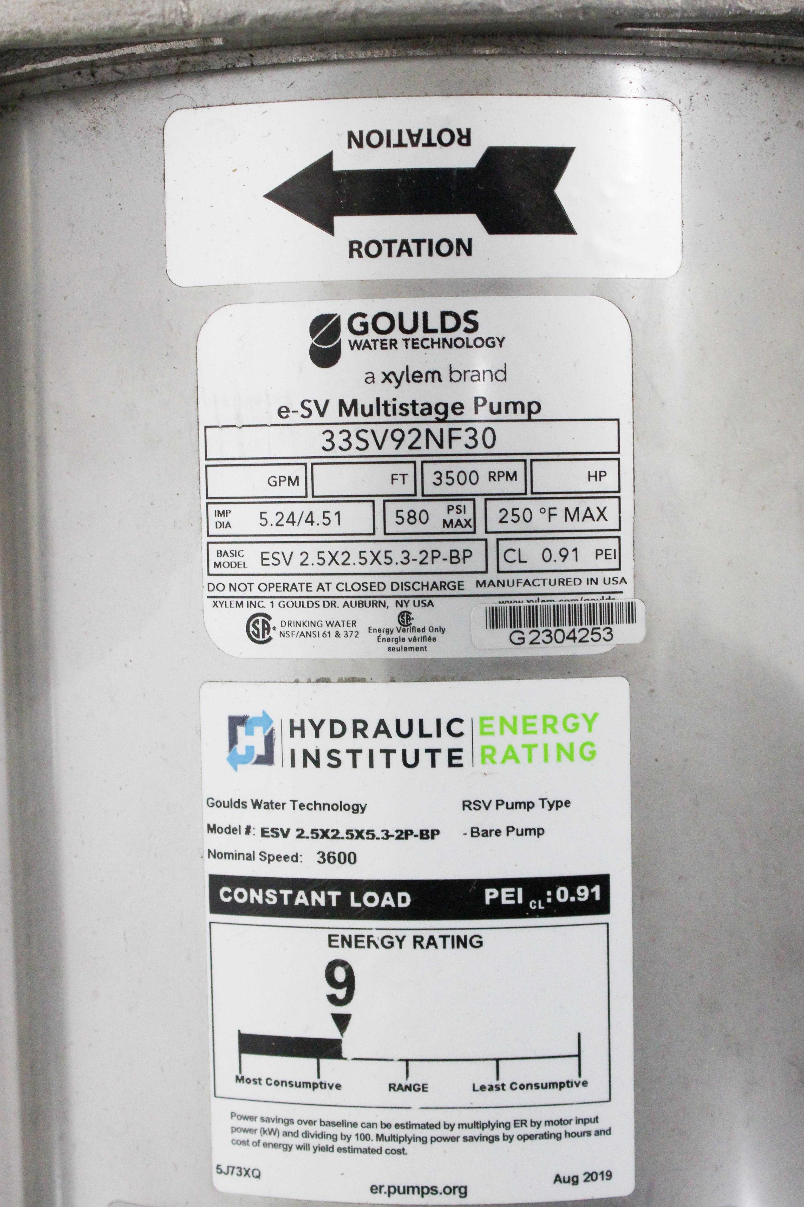 Goulds e-SV 33SV92NF30 Multistage Pump Efficient Energy-Saving -20F to 250F