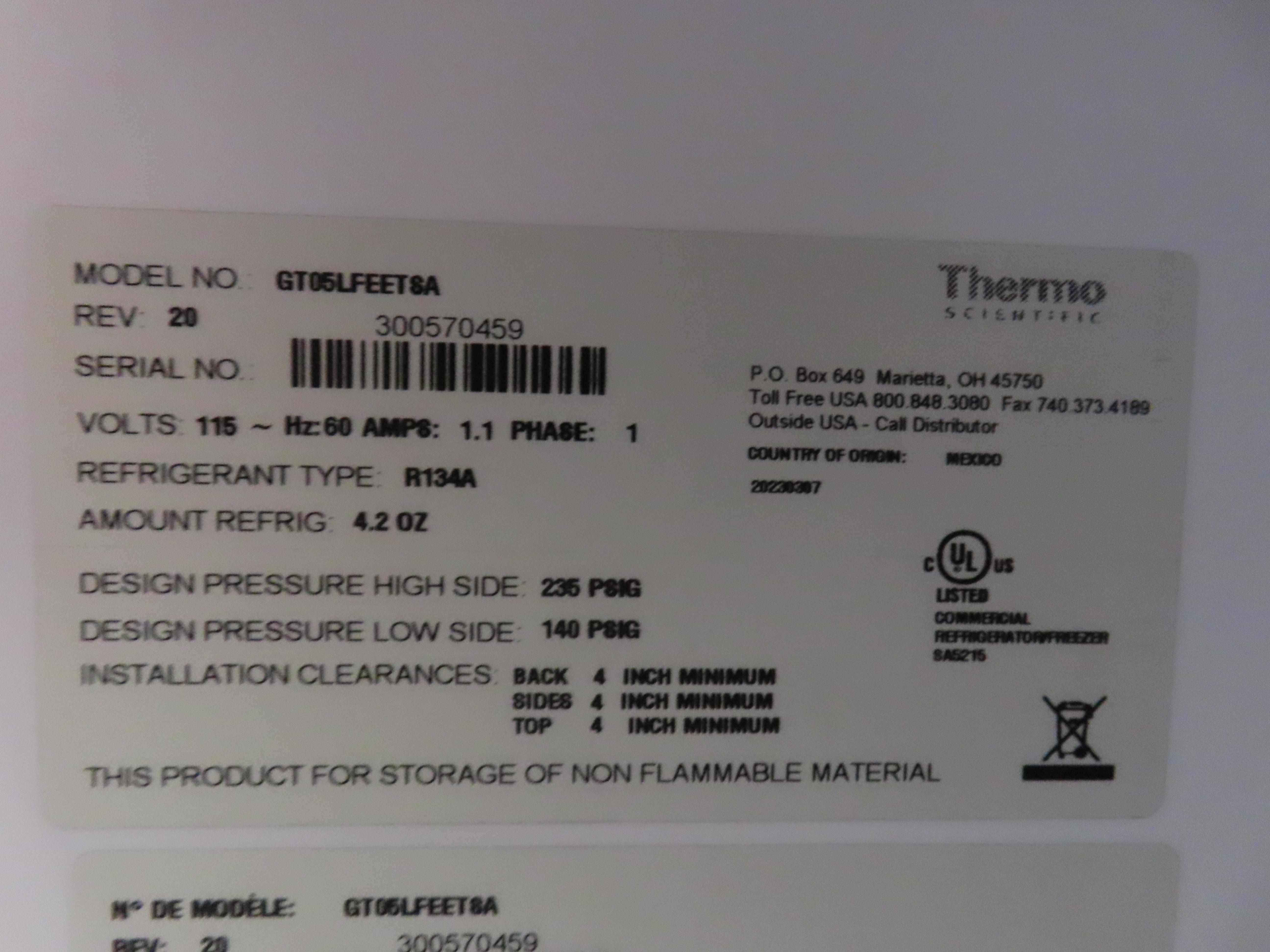 Thermo Scientific GT05LFEETSA Freezer - Cold Storage, 31L Capacity