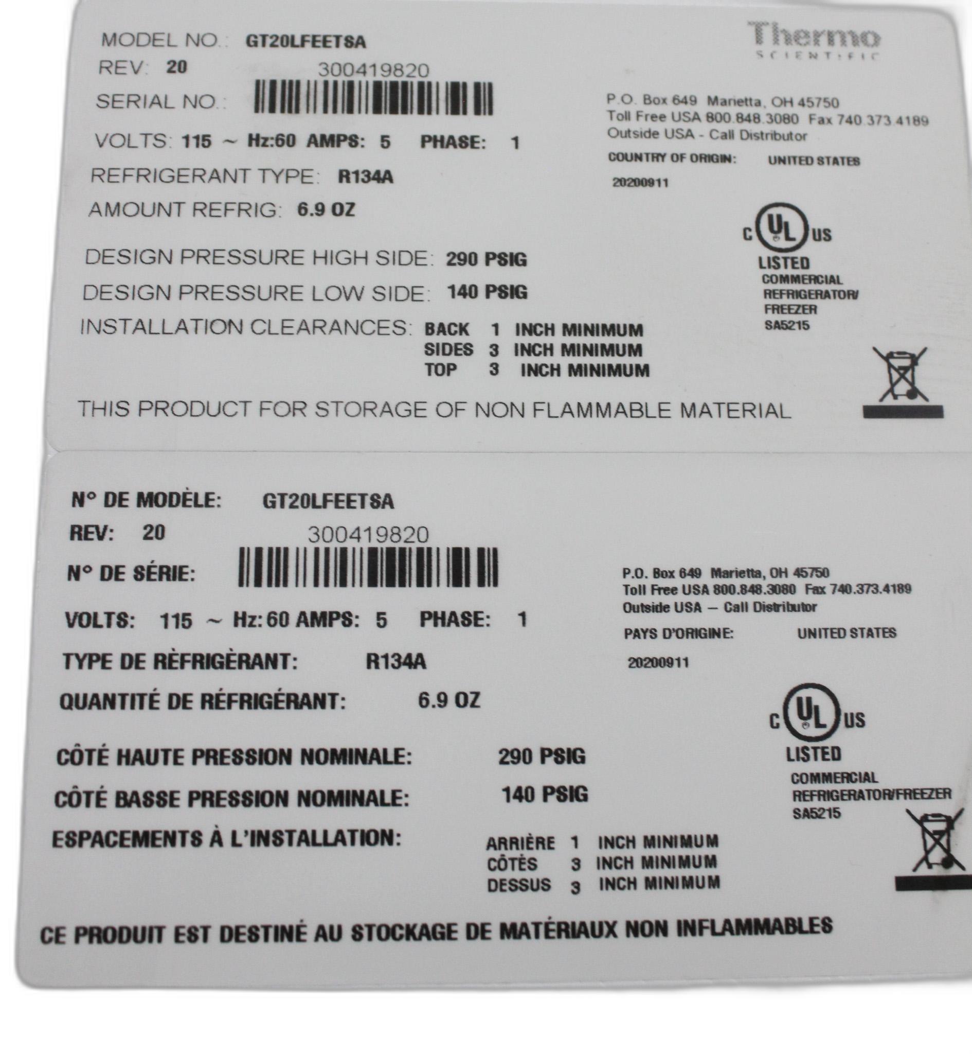 THERMO SCIENTIC GT20LFEETSA Lab Upright Freezer -20°C Functionality Tested