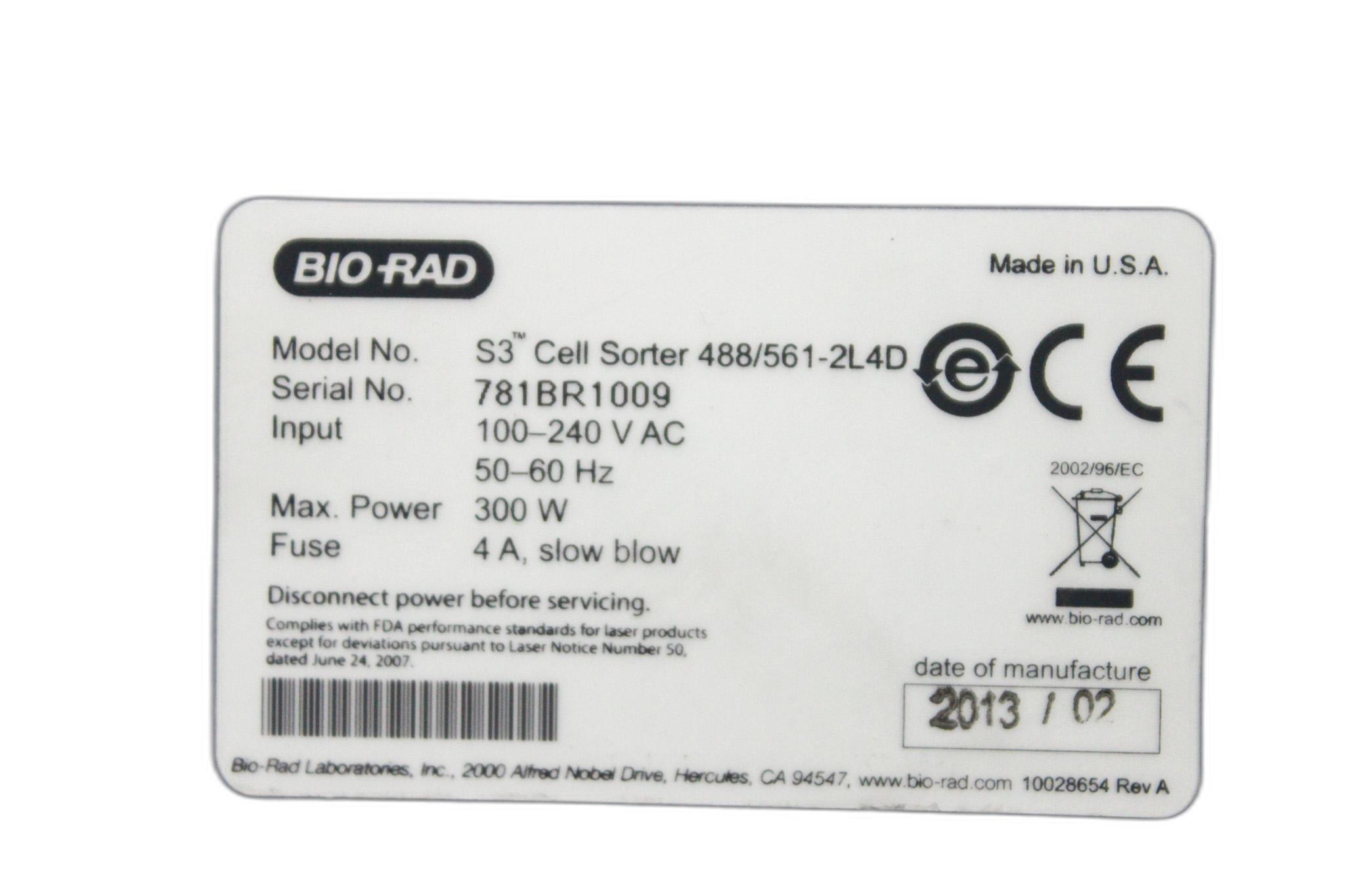 BIO-RAD S3 Cell Sorter 488/561-2L4D Preowned Cell Analysis Instrument