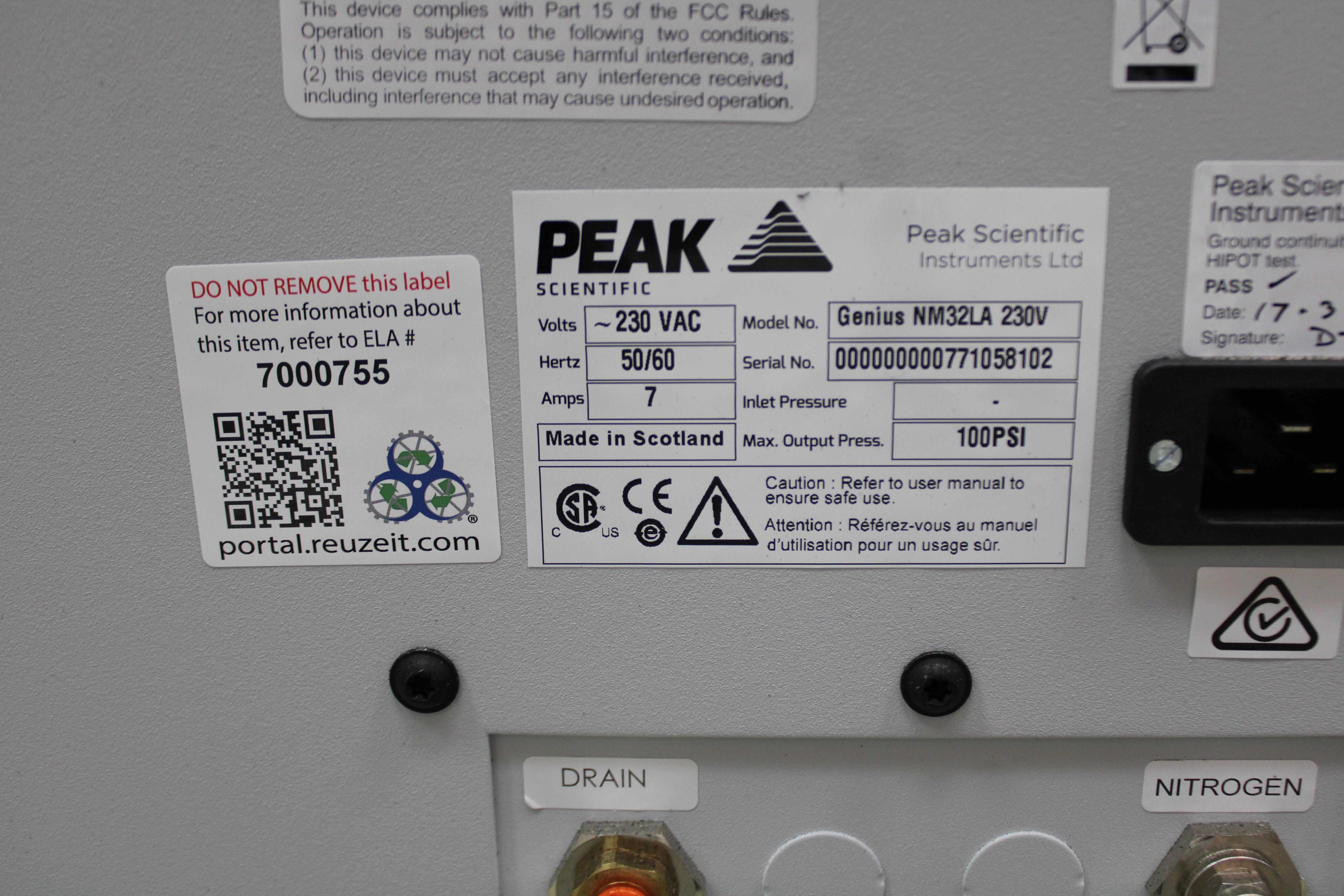 Peak Scientific NM32LA Nitrogen Generator 32 L/min for LC-MS 230V VG Condition