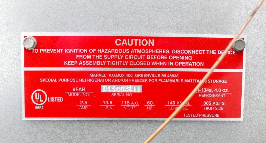 Marvel 6FAR Flammable Material Refrigerator 6 cu ft 115V Used Reliable