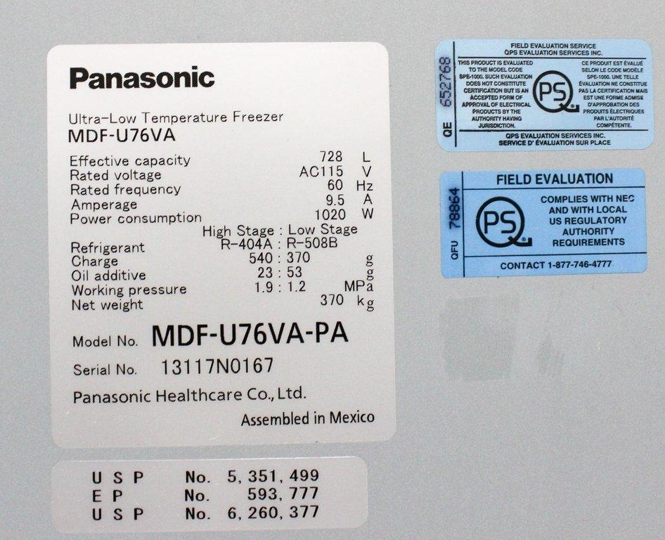 Panasonic MDF-U76VA-PA Ultra Low Freezer -86C 25.7 cu ft Capacity