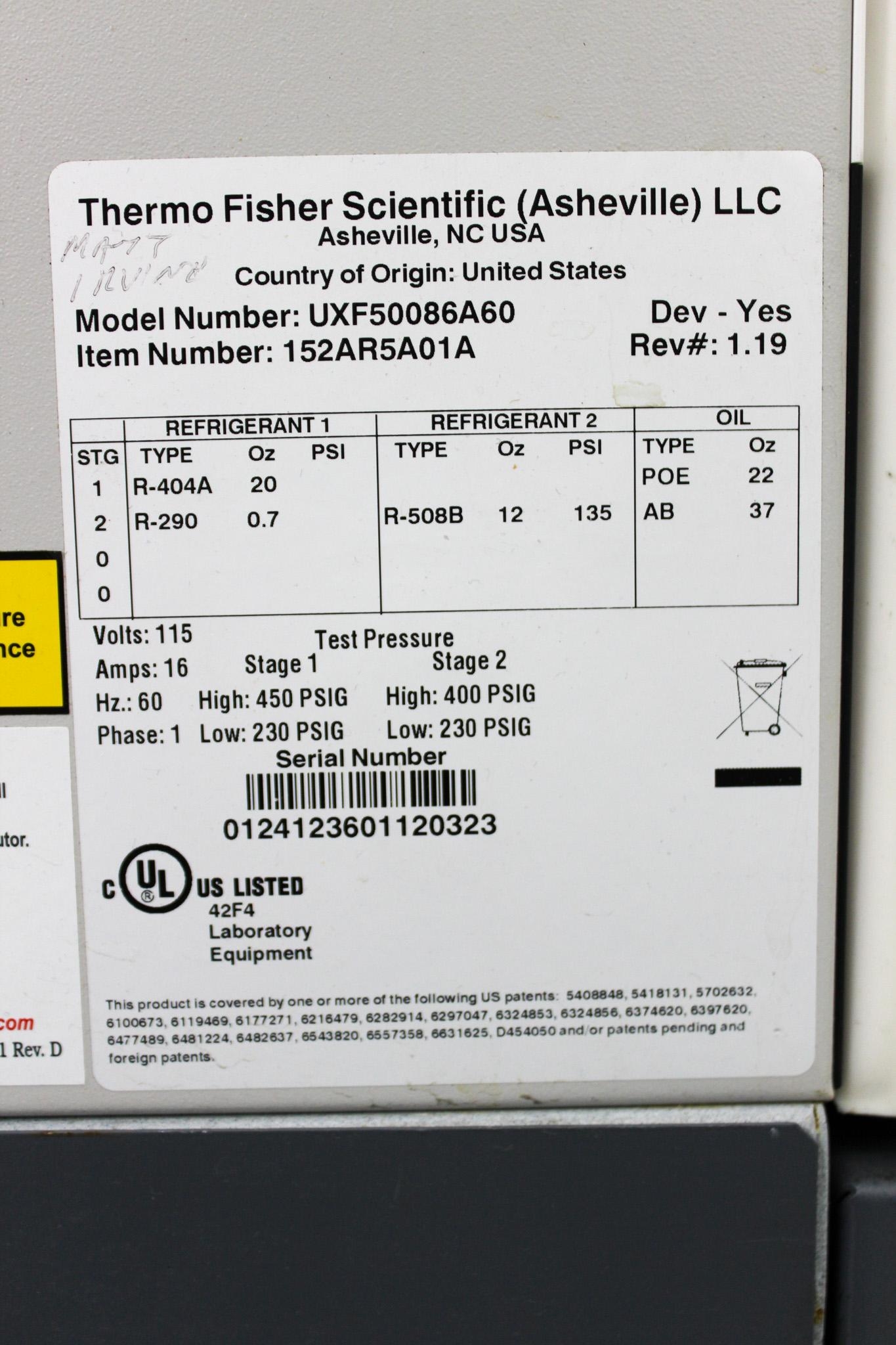 Thermo UXF50086A60 Ultra Low Temperature Freezer for Spare Parts, 115V