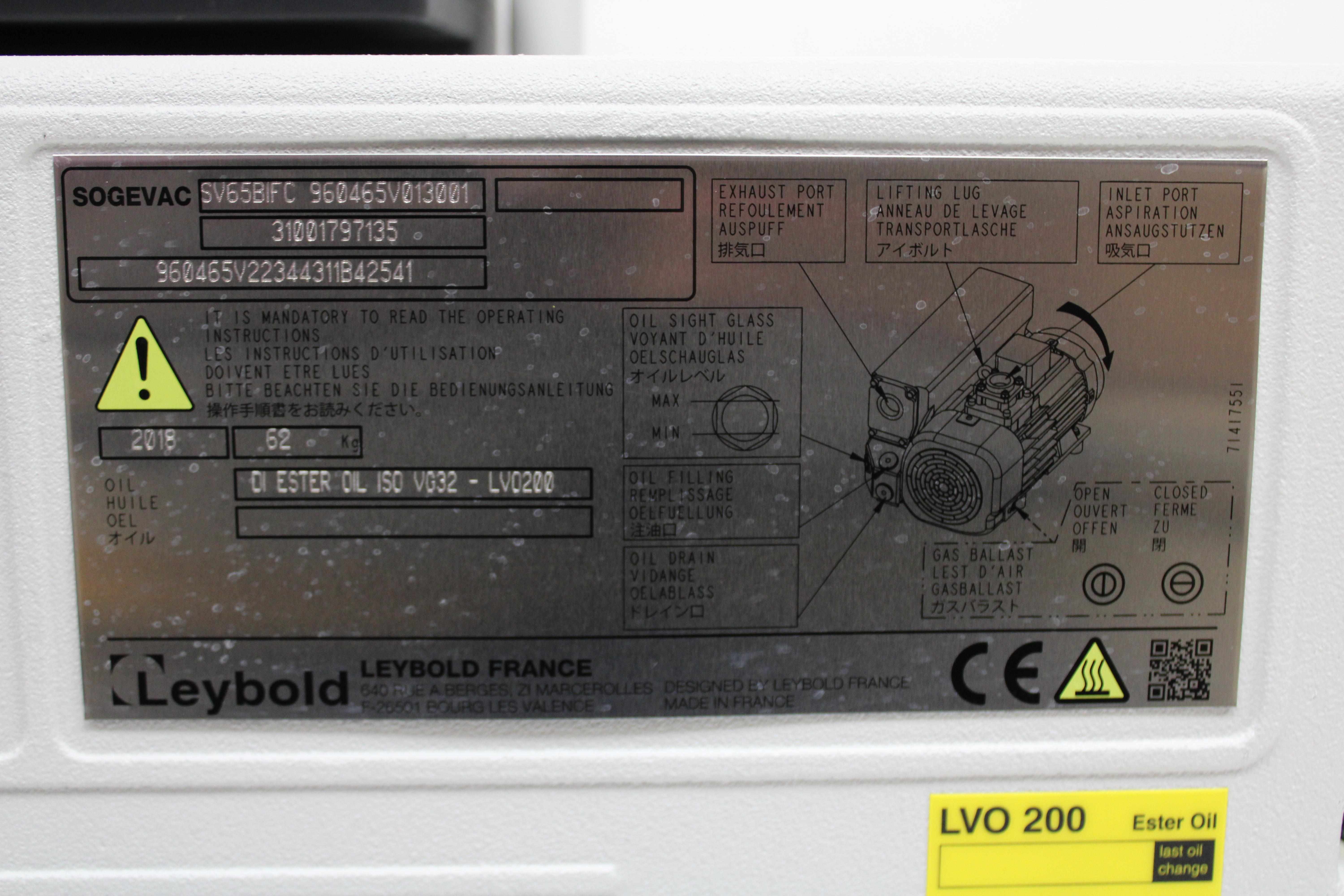 Leybold Sogevac SV65BIFC Vacuum Pump 0.055 mBar Noise Reduction 2018