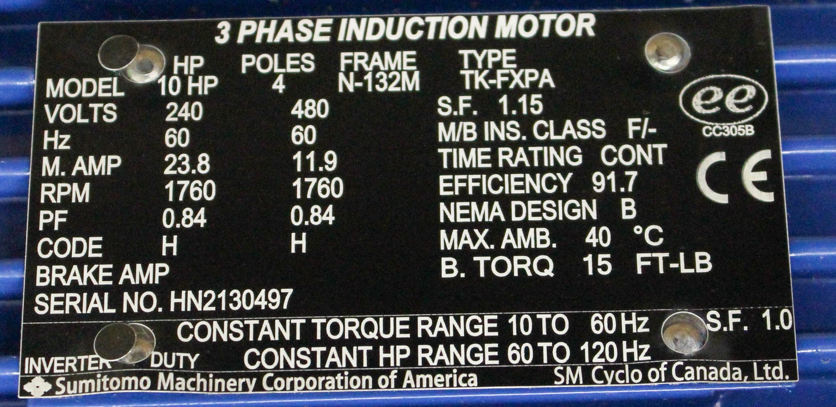 Sumitomo Cyclo HBB Gear Motor Helical 10 HP 45.5 RPM 3 Phase Efficient