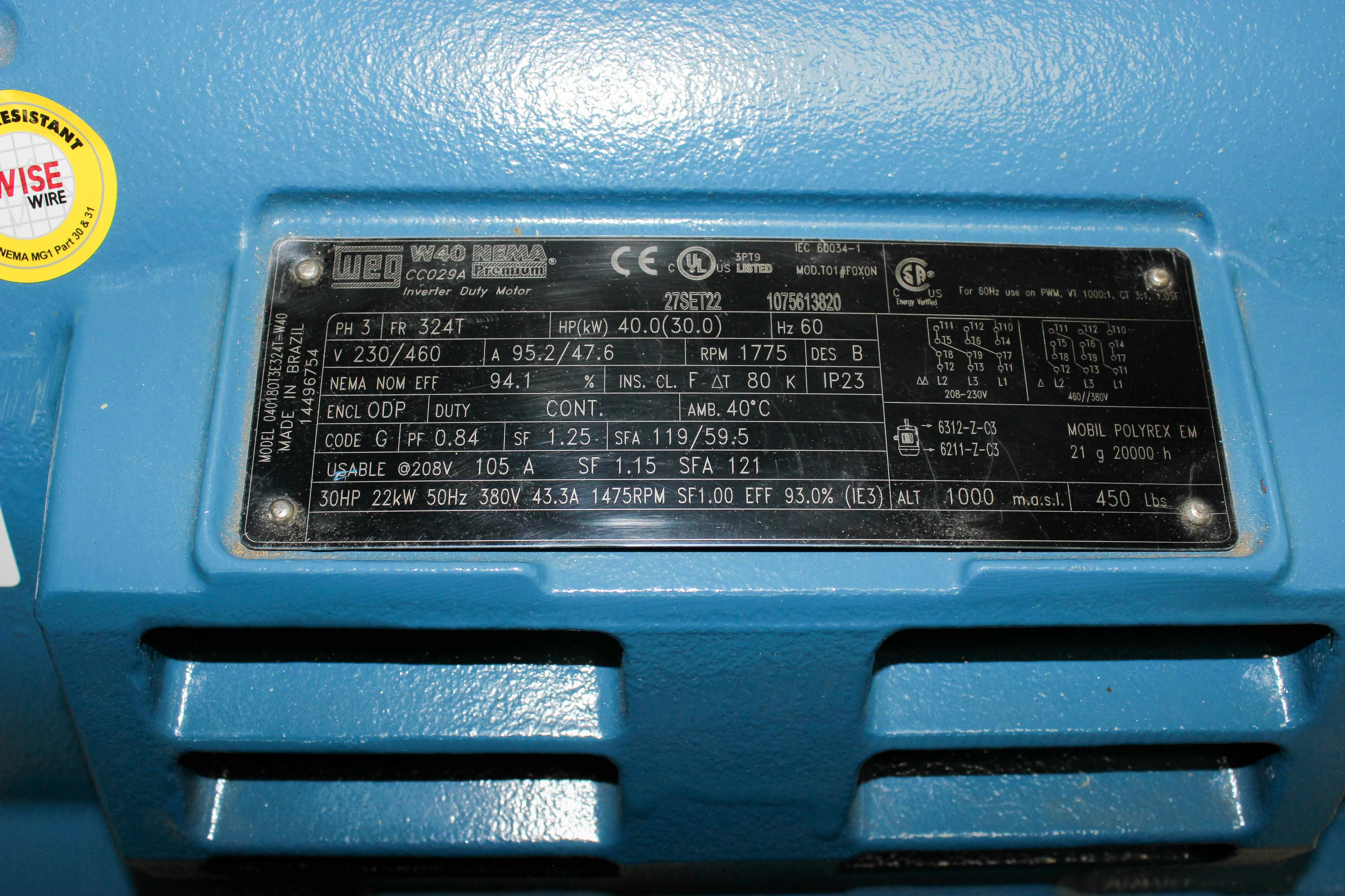 WEG W40 NEMA Motor 40HP 4P 324T 230/460V 1800RPM Premium Efficient