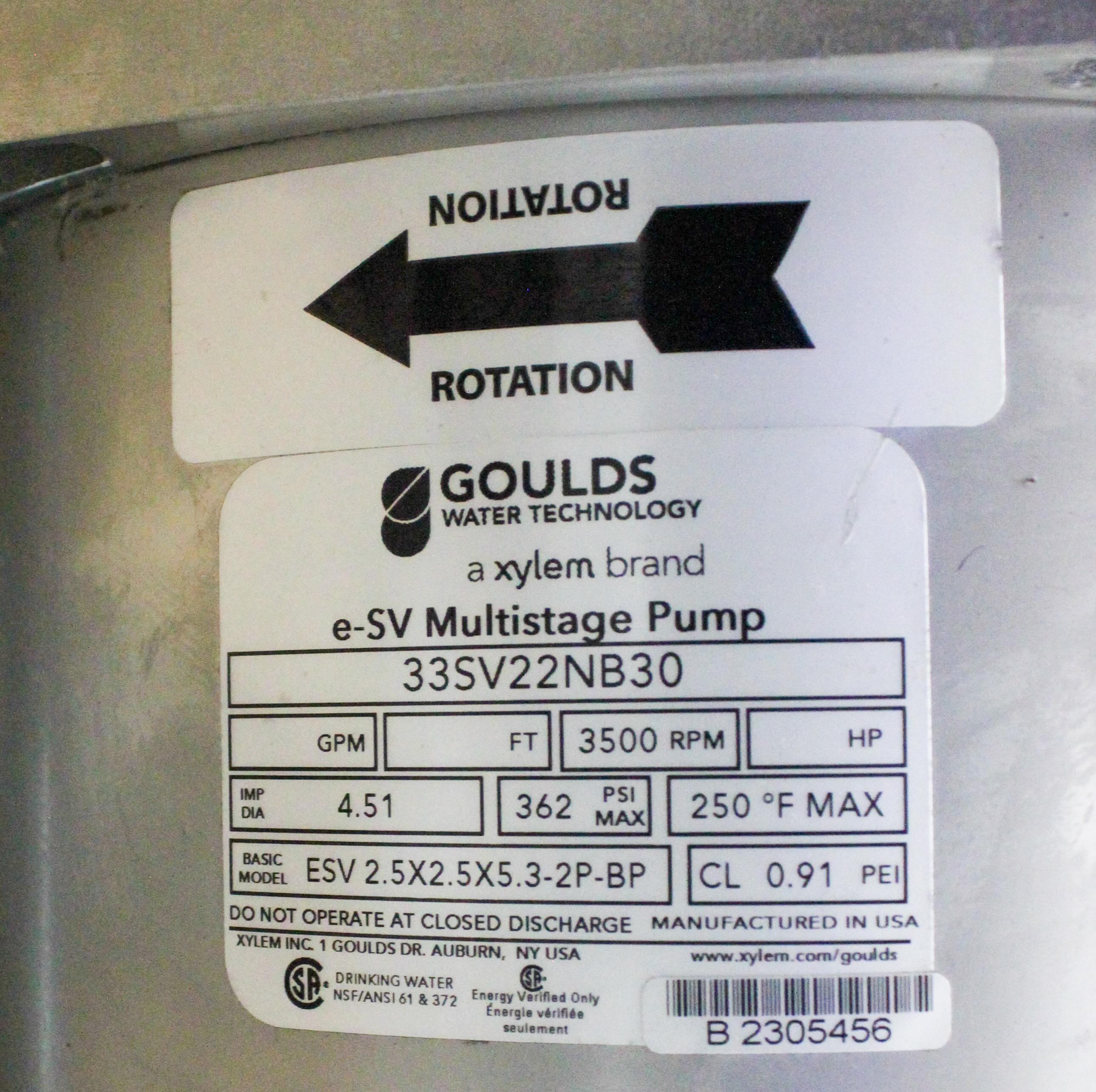 Goulds Water Technology e-SV Multistage Pump ESV 2.5X2.5X5.3-2P-BP 175 GPM