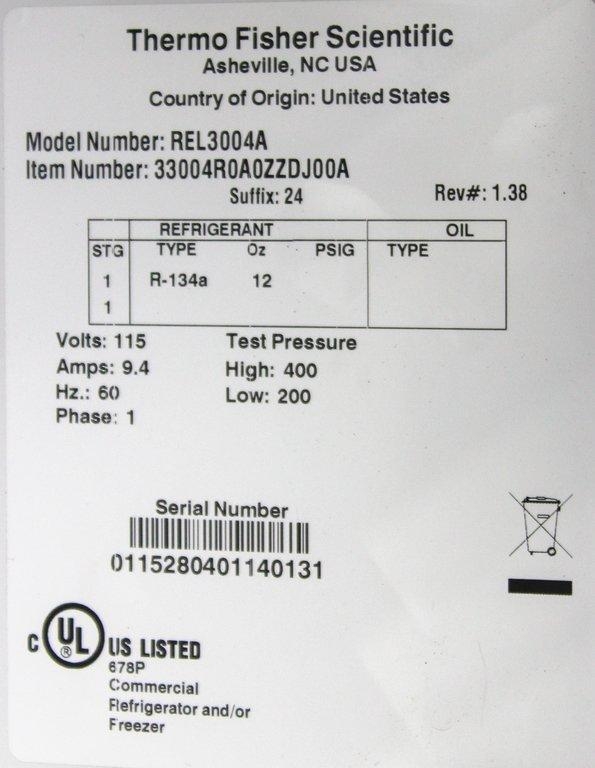 Thermo REL3004A Revco Lab Refrigerator 29.2 cu ft Temp 1C-8C 120V 60Hz