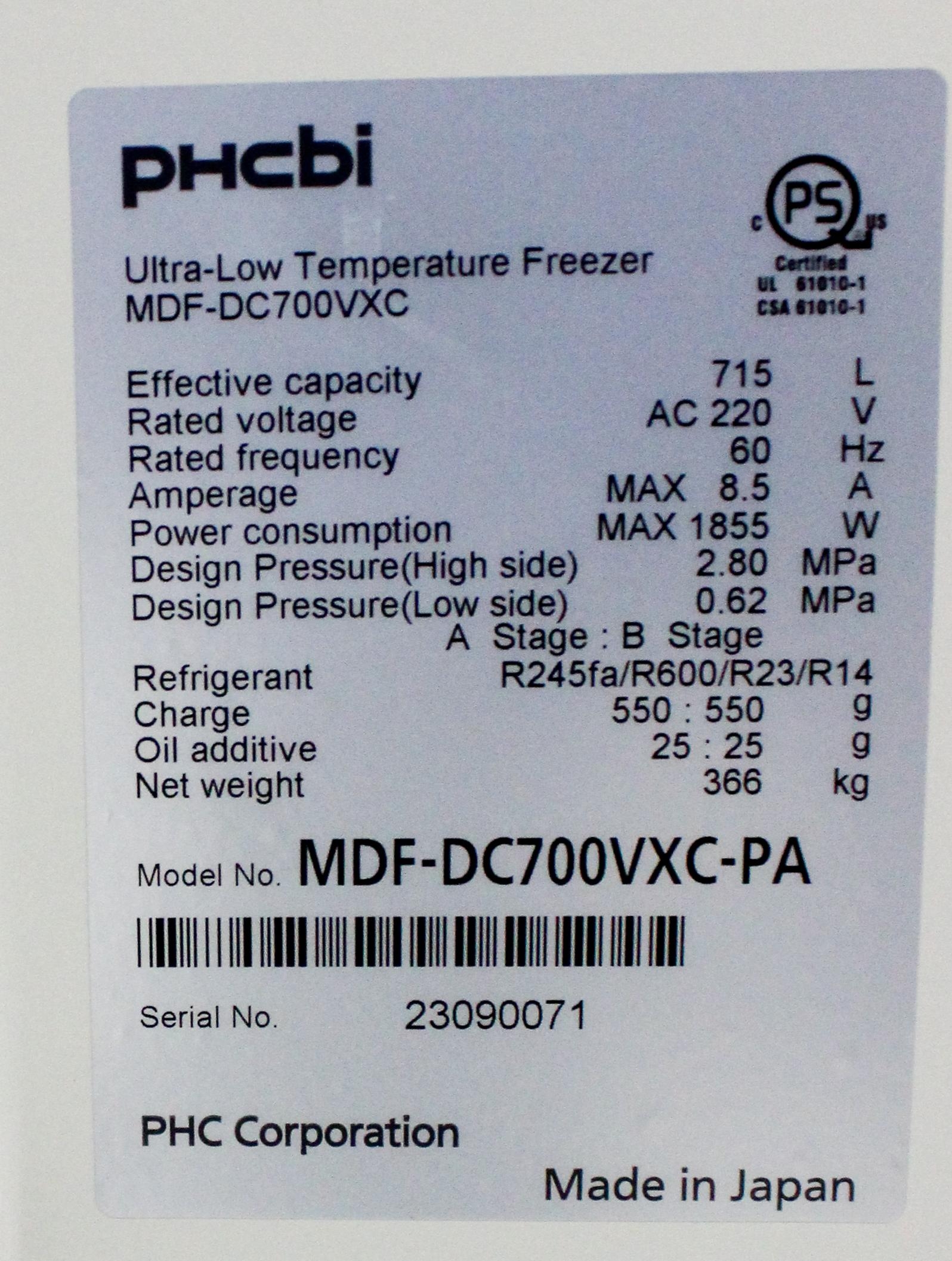 PHCbi MDF-DC700VXC Freezer Ultra Low Temperature 25.3 Cu Ft -86C TwinGuard