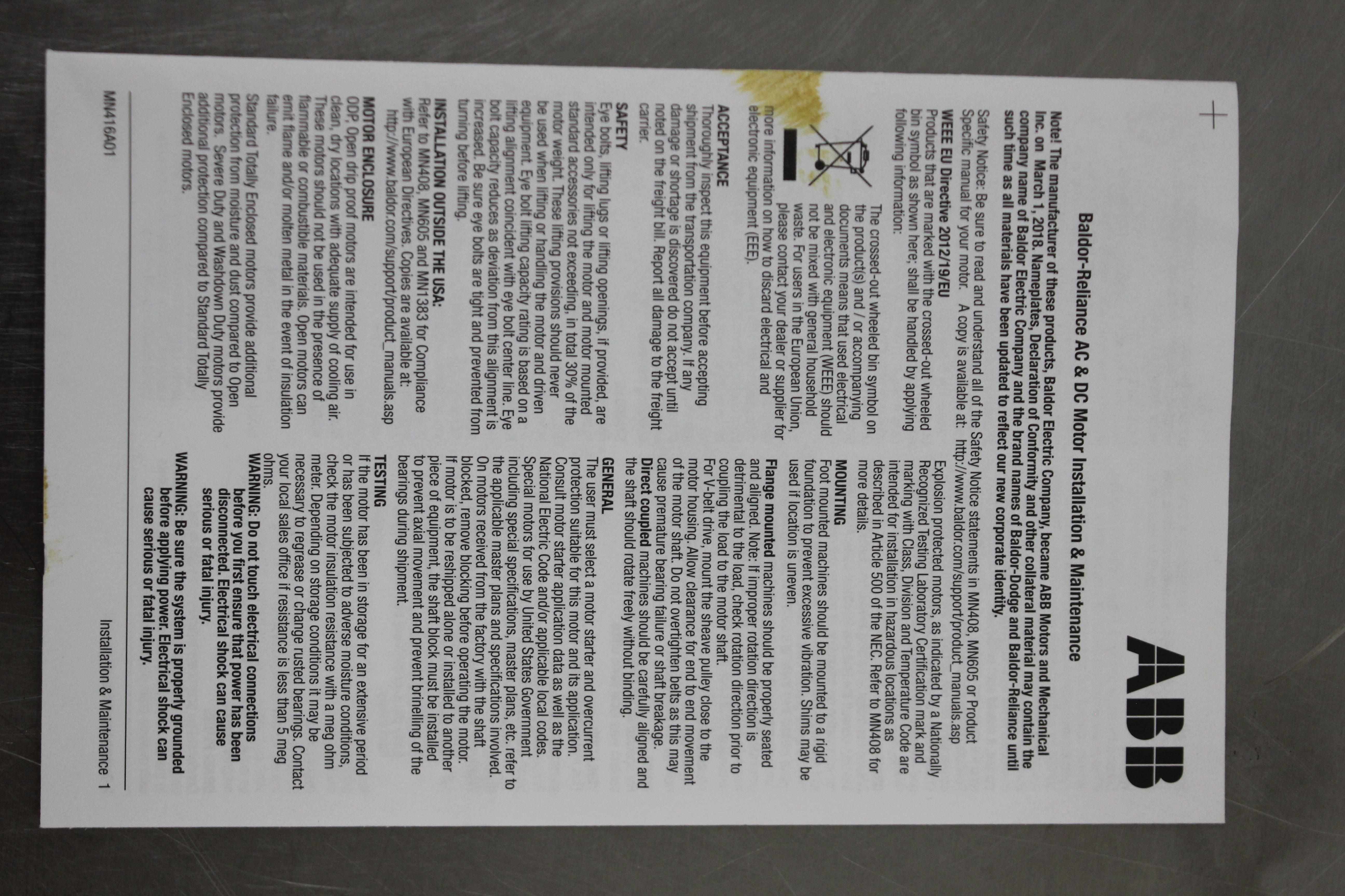 Baldor Reliance EM3615T Electric Motor 5HP 3-Phase TEFC Motor 1755RPM