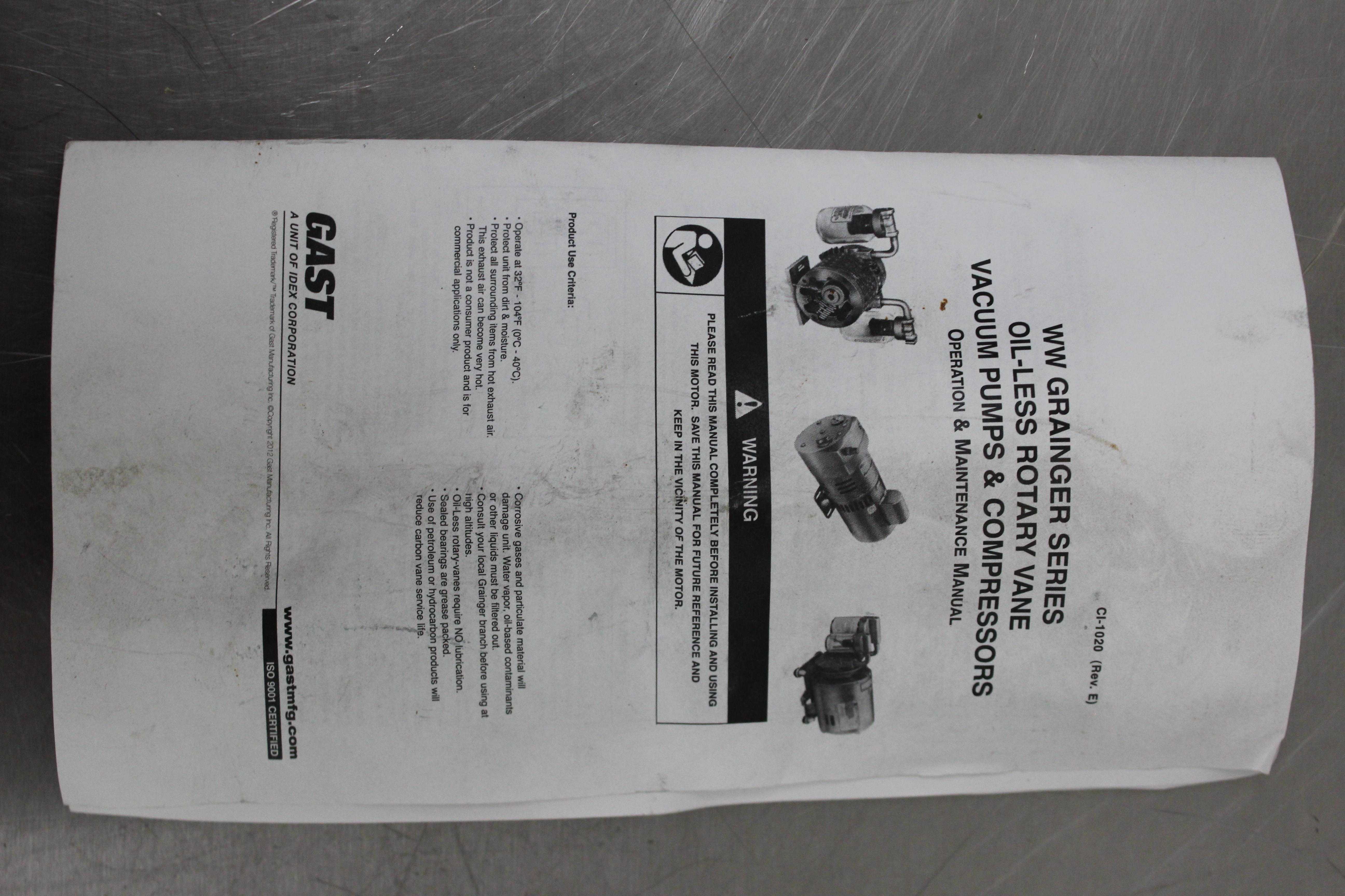 Gast 2067-V108 Oil-Less Rotary Vane Vacuum Pump, 1HP, Continuous Duty