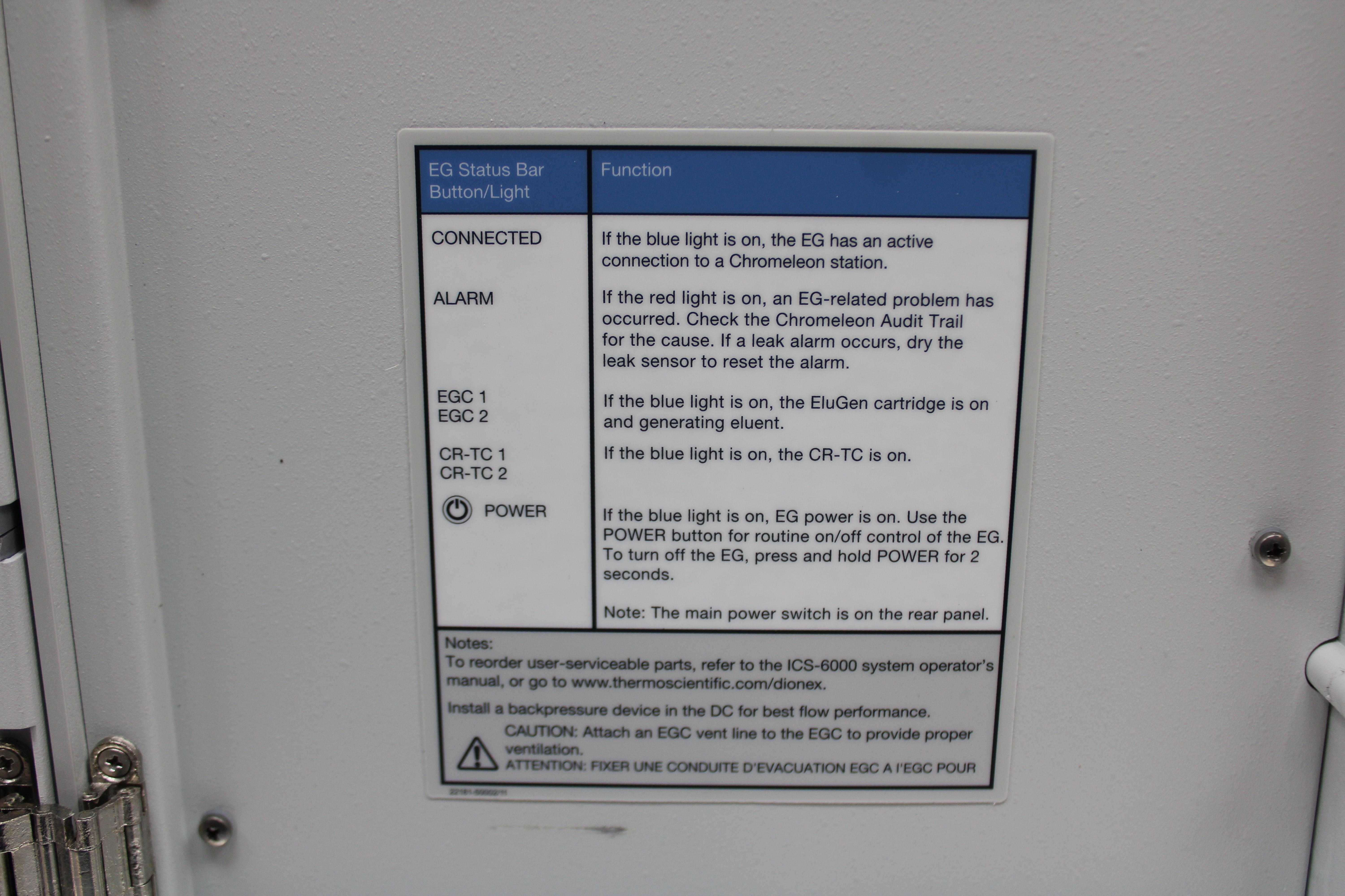 Thermo Dionex ICS-6000 EG-6 Ion Chromatography Eluent Generator System