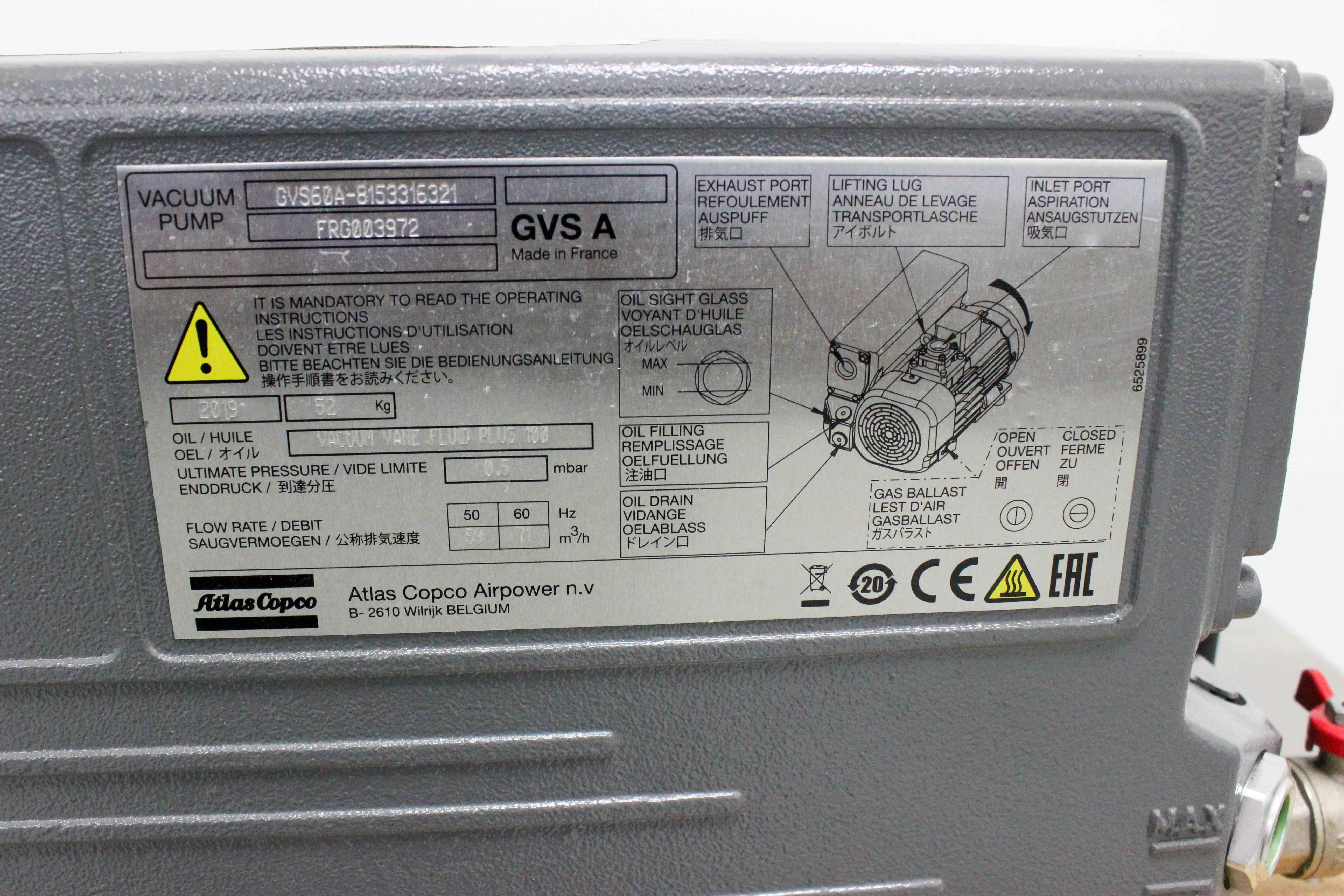 Atlas Copco GVS60A Vacuum Pump Rotary Vane Industrial Applications