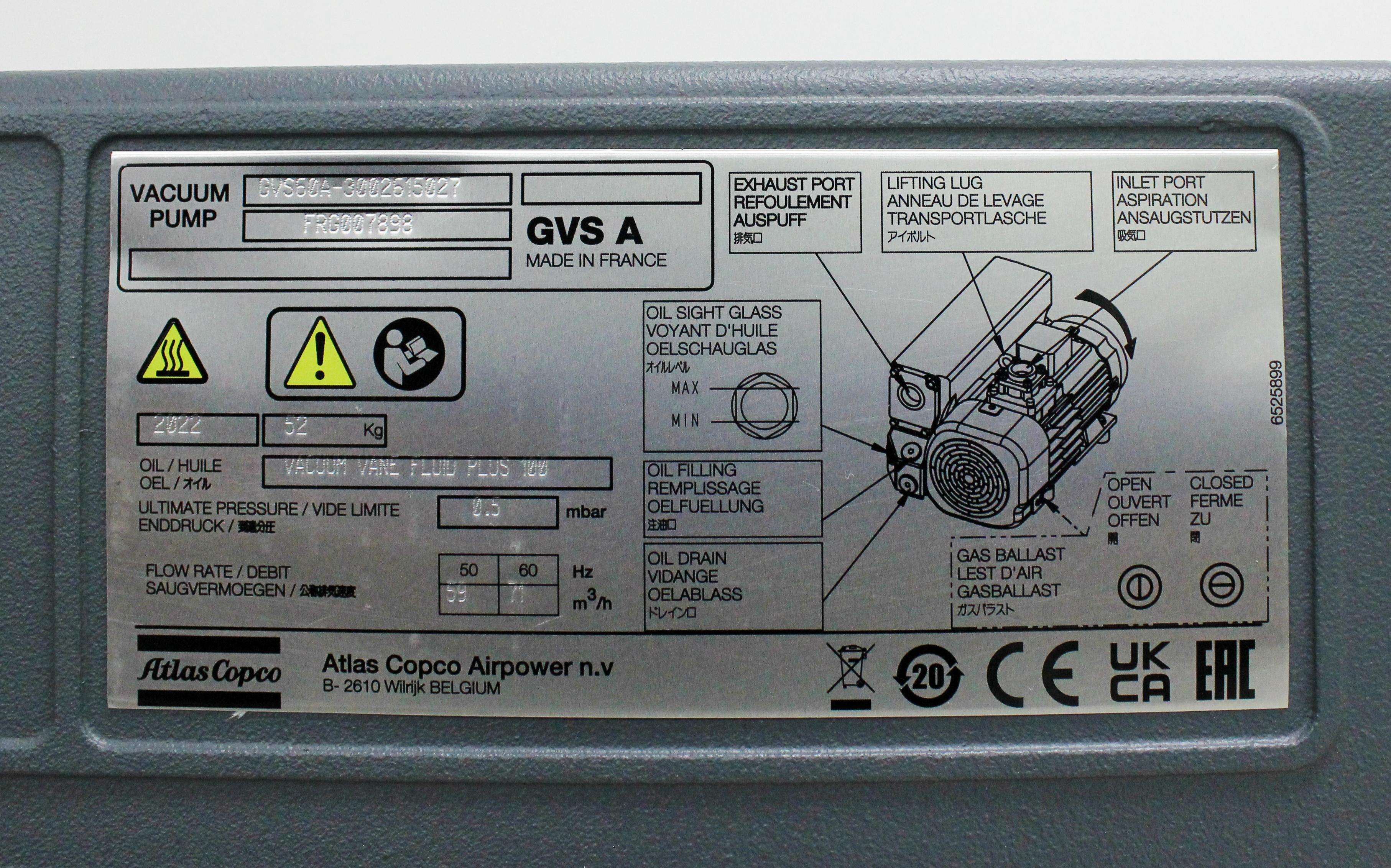 Atlas Copco GVS60A Vacuum Pump Rotary Vane Air Cooled 3HP Oil Sealed