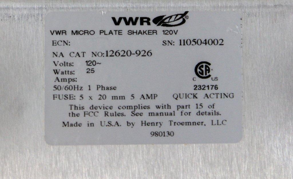 VWR Microplate Shaker 12620-926 Very Good Condition 120V 50/60Hz Shaker