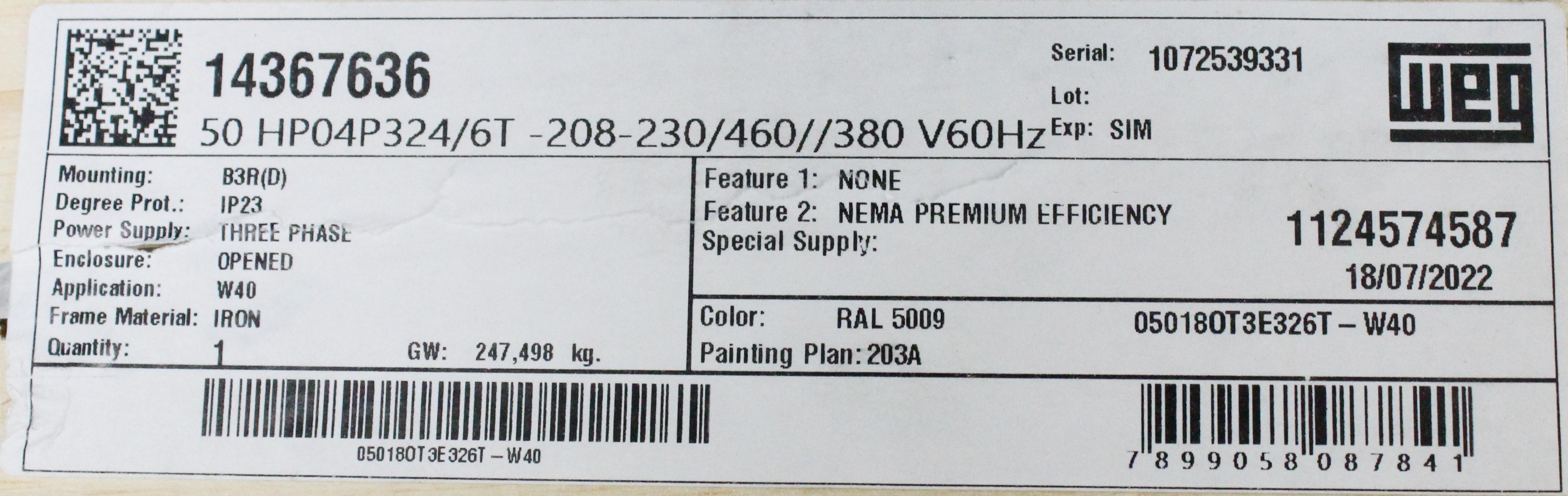 WEG W40 NEMA Premium Efficiency Motor 50 HP Foot-Mounted IP23 Cast Iron