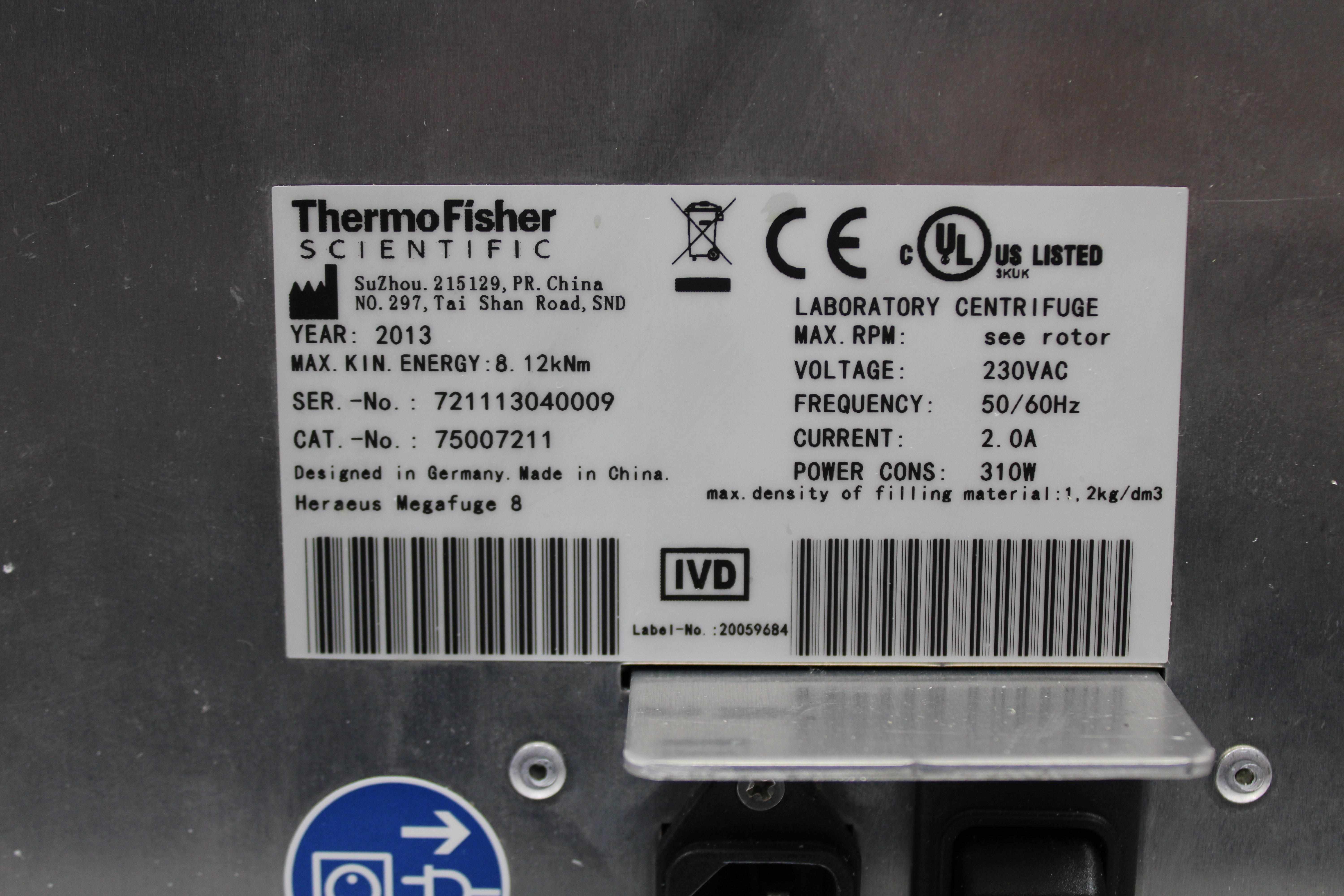 Thermo Heraeus Megafuge 8 Centrifuge, 16,000 RPM capacity, 230V, Model 75007211